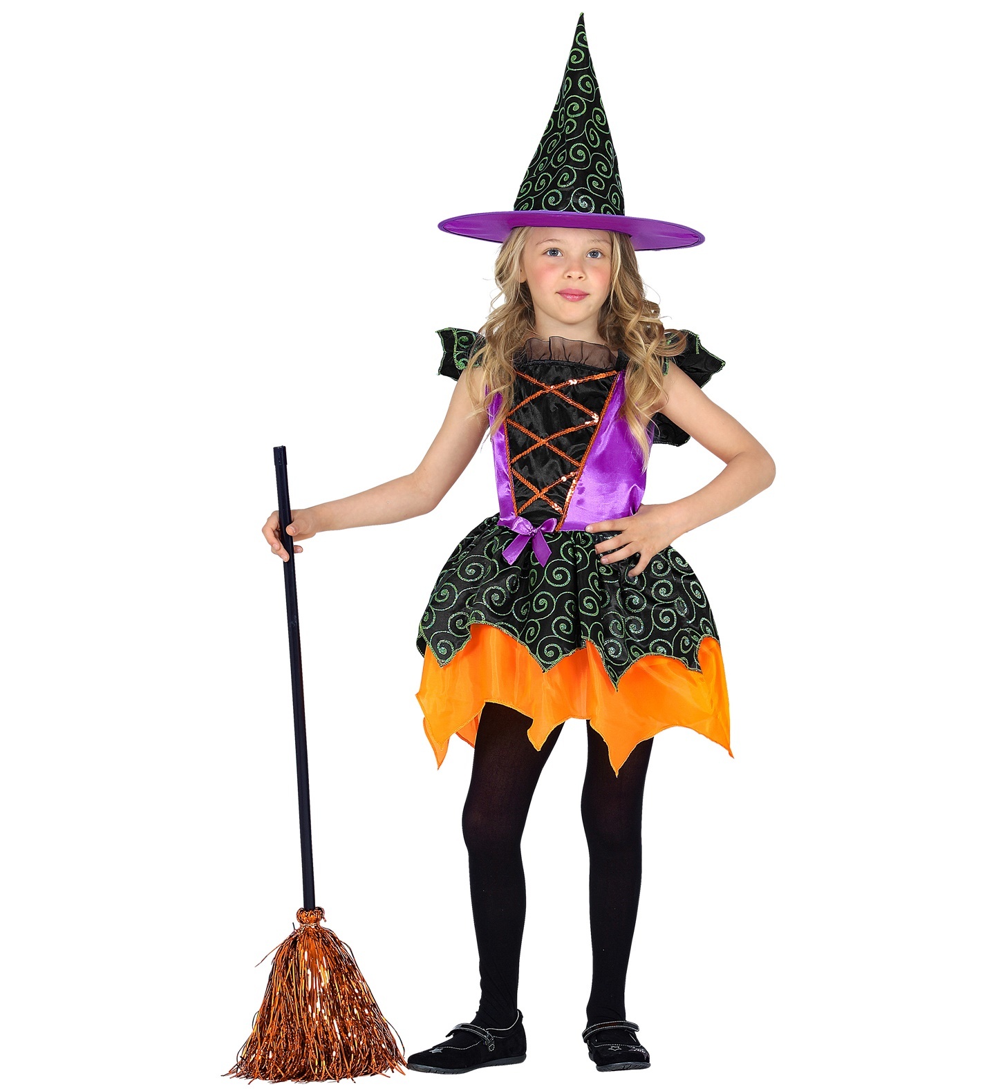 Widmann - Heks & Spider Lady & Voodoo & Duistere Religie Kostuum - Heks Van Het Pompoenenbos - Meisje - groen,oranje - Maat 104 - Halloween - Verkleedkleding