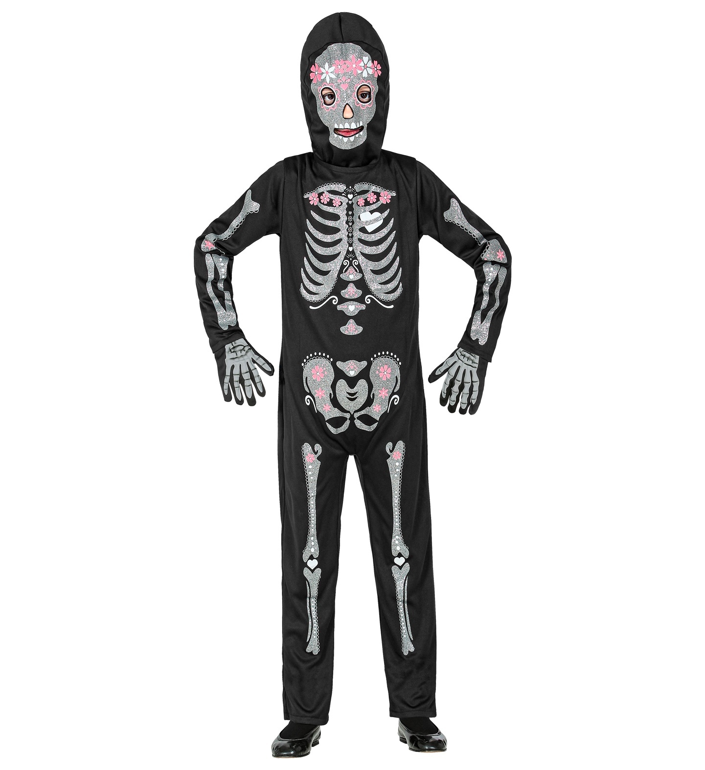 Widmann - Spook & Skelet Kostuum - Glitter En Glamour Hollywood Skelet Kind Kostuum - zwart,wit / beige - Maat 158 - Halloween - Verkleedkleding