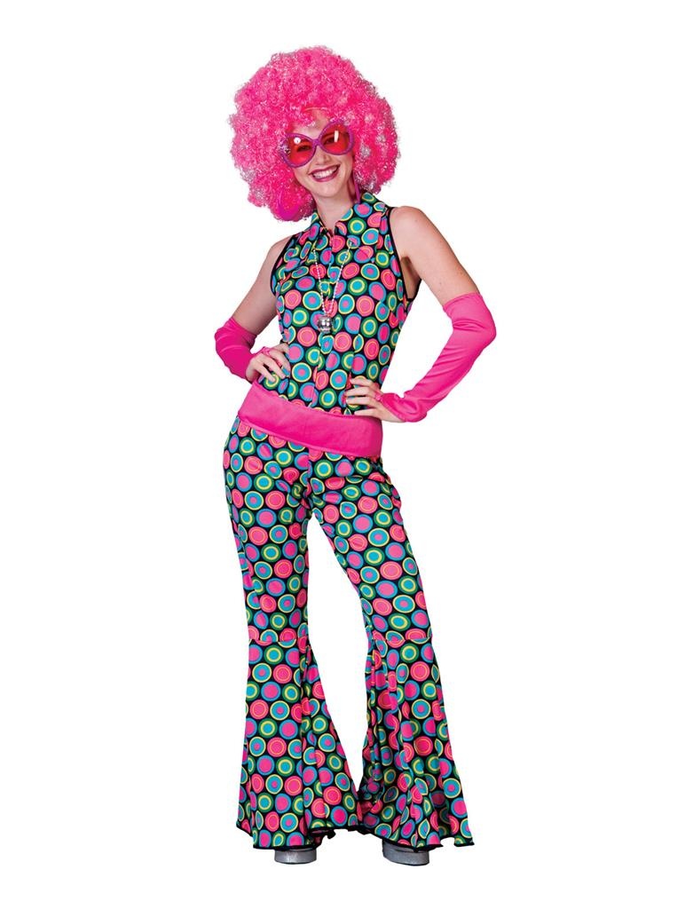 Funny Fashion - Jaren 80 & 90 Kostuum - Disco Dot Jumpsuit - Vrouw - multicolor - Maat 40-42 - Carnavalskleding - Verkleedkleding