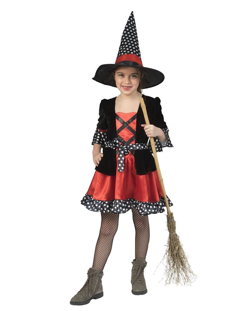 Funny Fashion - Heks & Spider Lady & Voodoo & Duistere Religie Kostuum - Heks Vol Stippen - Meisje - rood,zwart - Maat 98 - Halloween - Verkleedkleding