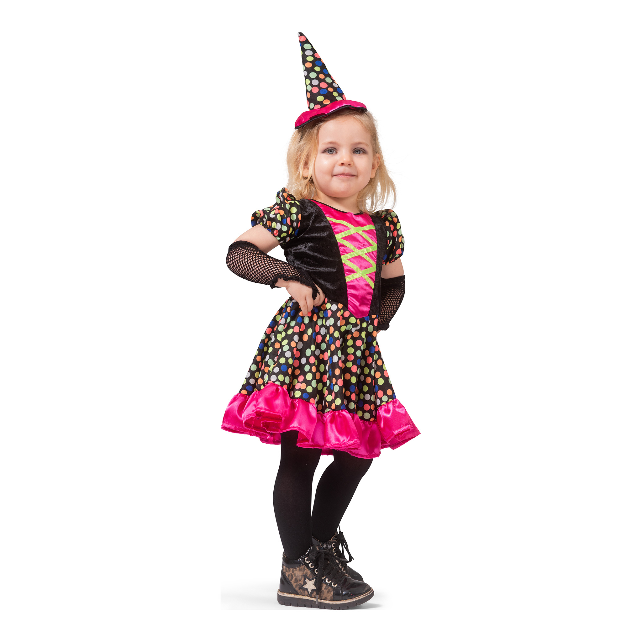 Funny Fashion - Heks & Spider Lady & Voodoo & Duistere Religie Kostuum - Betoverende Confetti Heks - Meisje - roze,zwart - Maat 92 - Halloween - Verkleedkleding