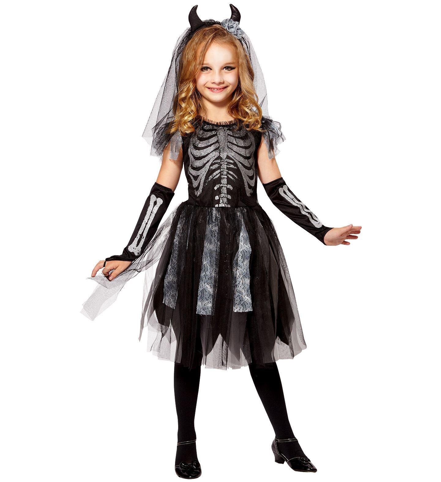 Widmann - Spook & Skelet Kostuum - Skelet Lassander Bruid - Meisje - zwart - Maat 116 - Halloween - Verkleedkleding