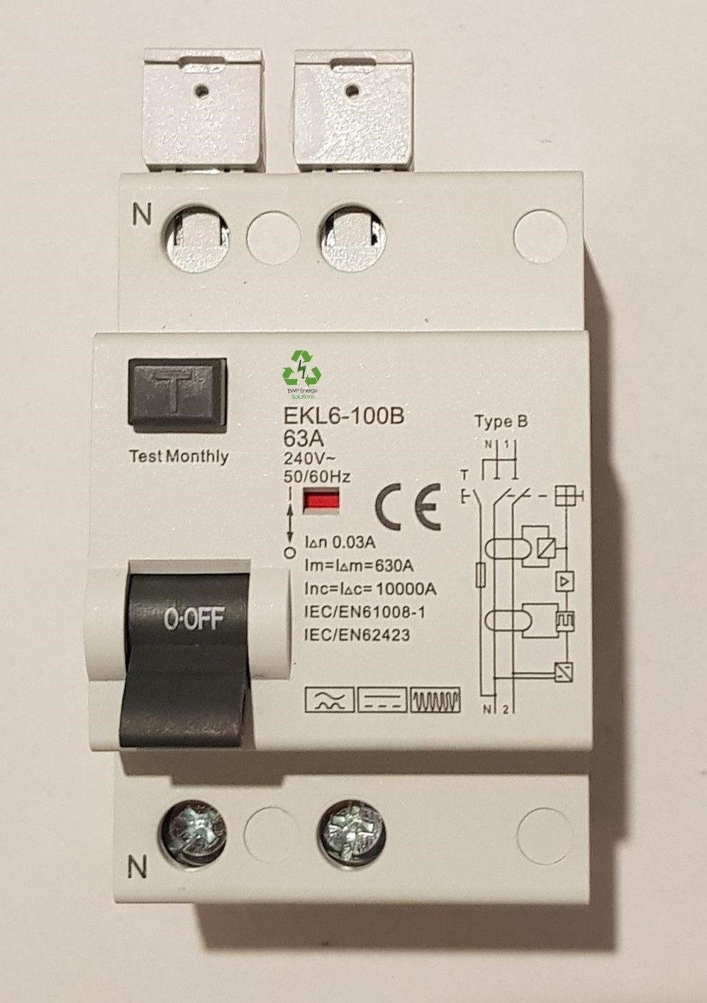 EWP Solutions Earth leakage circuit breaker type B 2P 63A 10kA AC/DC 30mA or 300mA