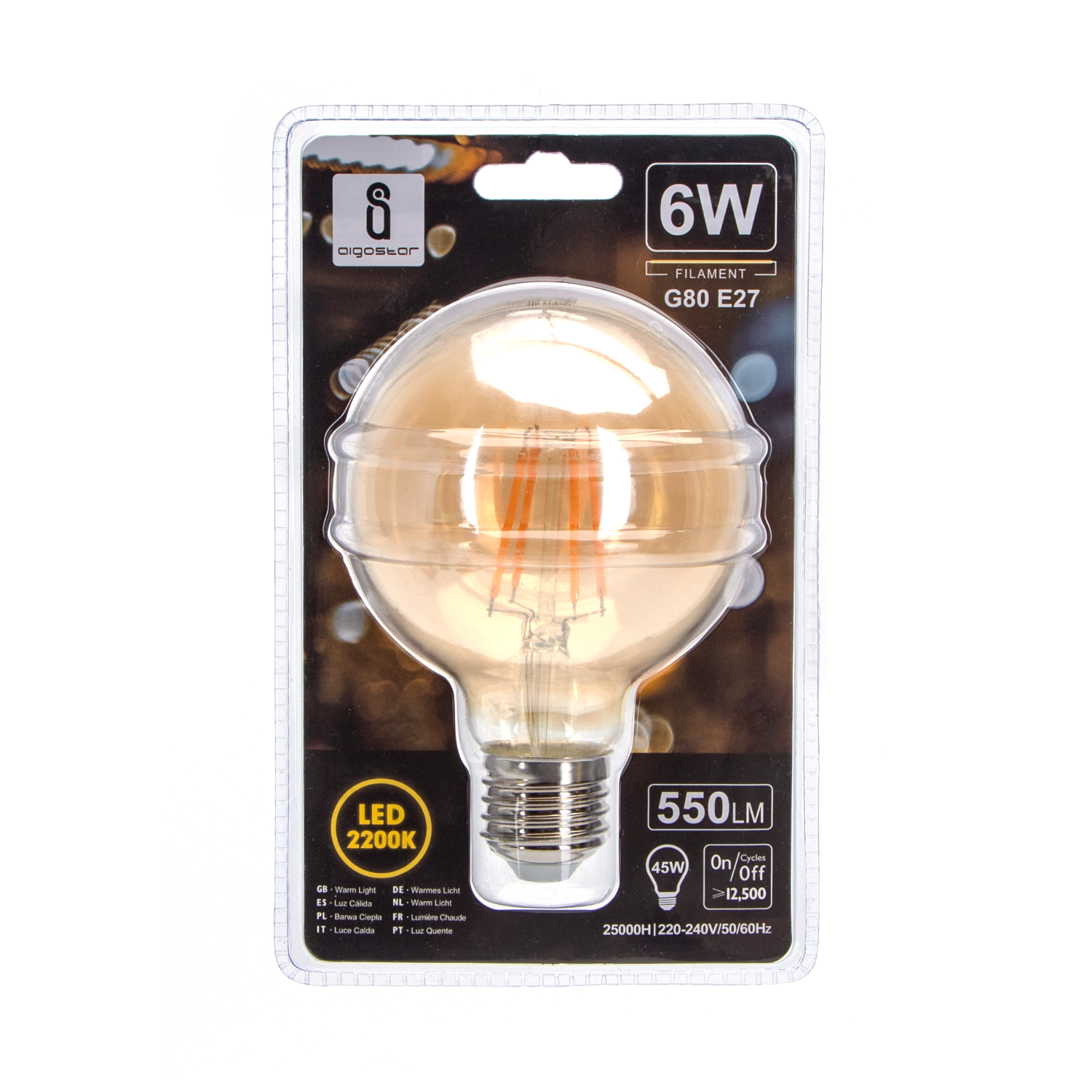Aigostar Ampoule LED Filament G80 E27 6W 2200K AMBRE(Lumière chaude) 550lm