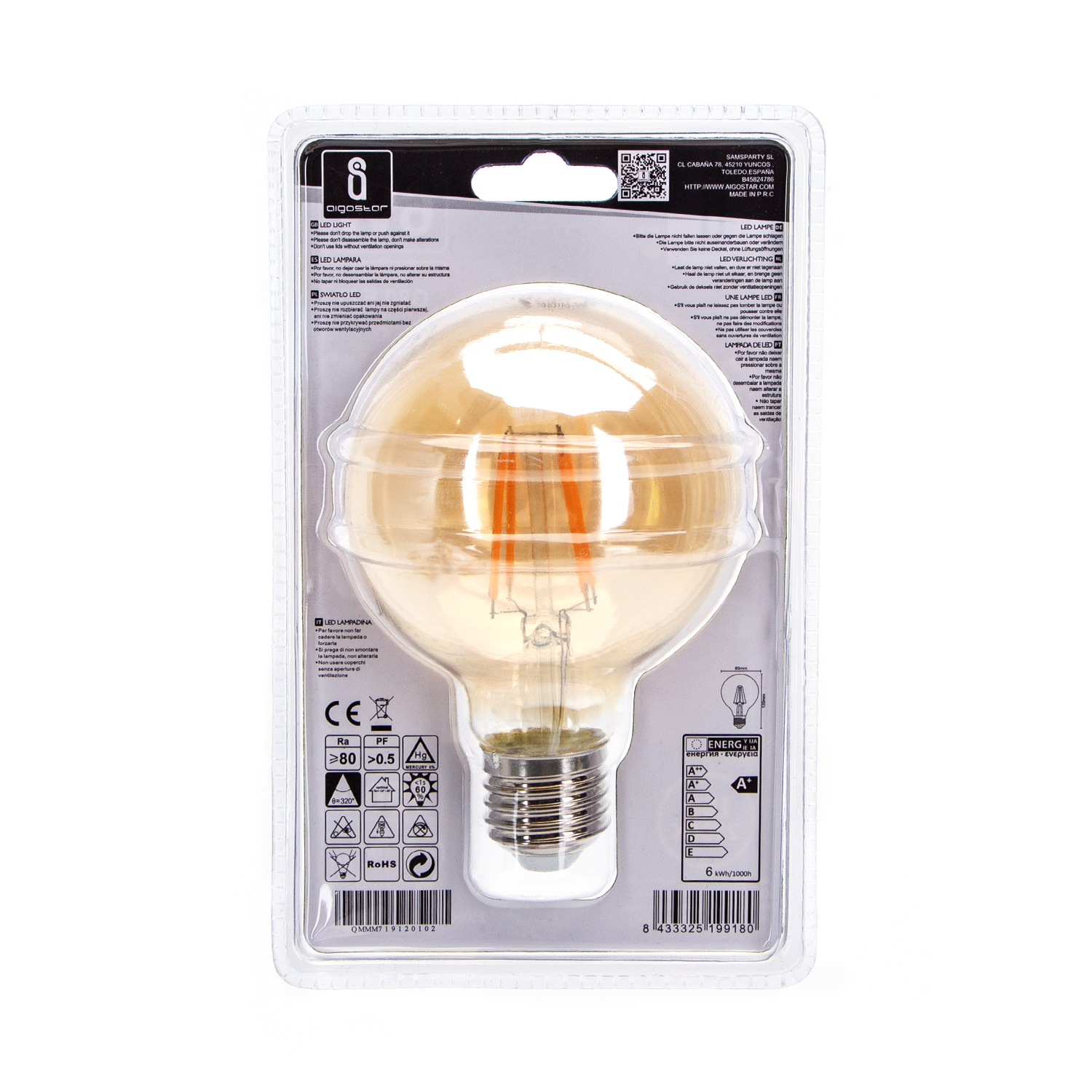 Aigostar Ampoule LED Filament G80 E27 6W 2200K AMBRE(Lumière chaude) 550lm