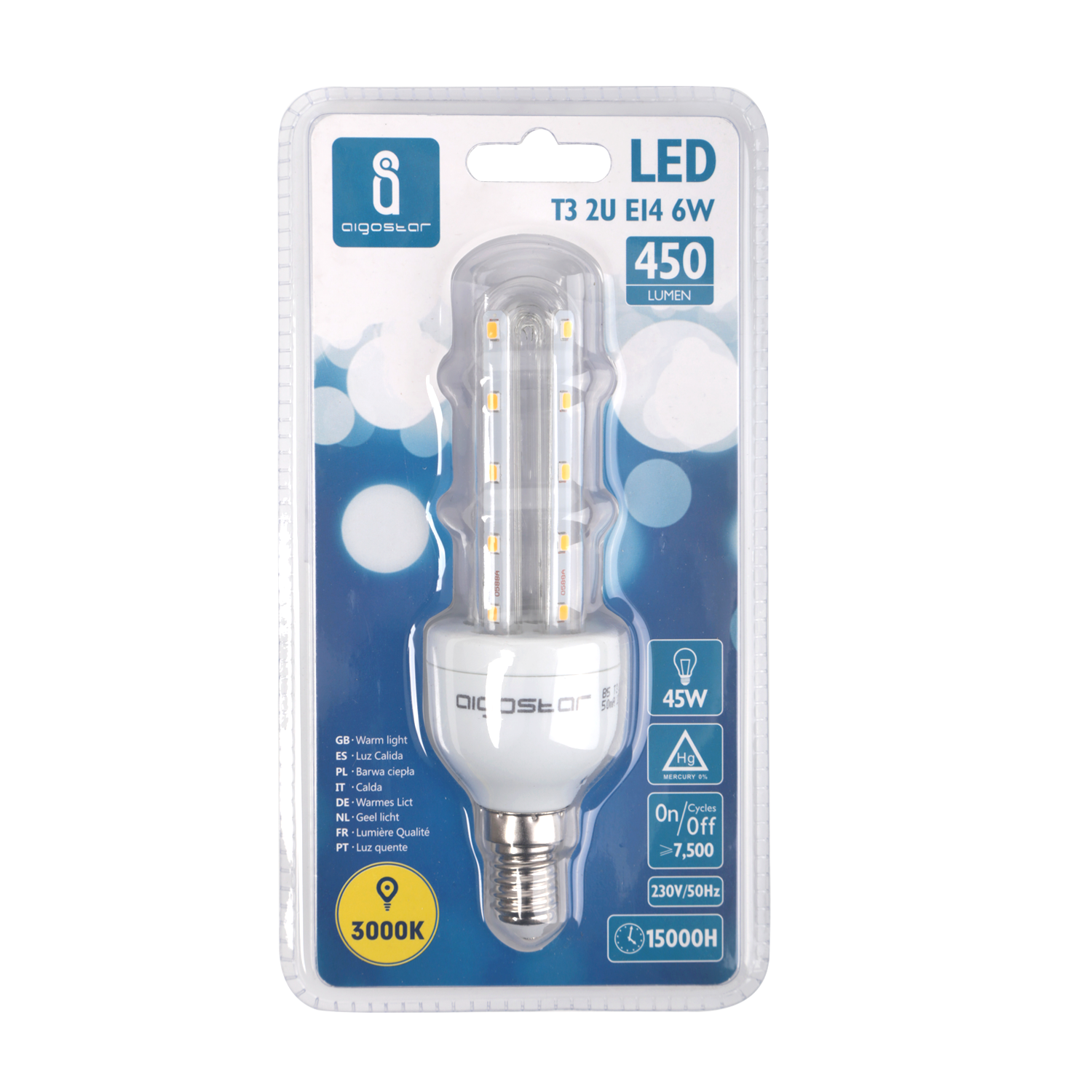 Aigostar LED B5 T3 2U E14 6W 3000K 450Lm