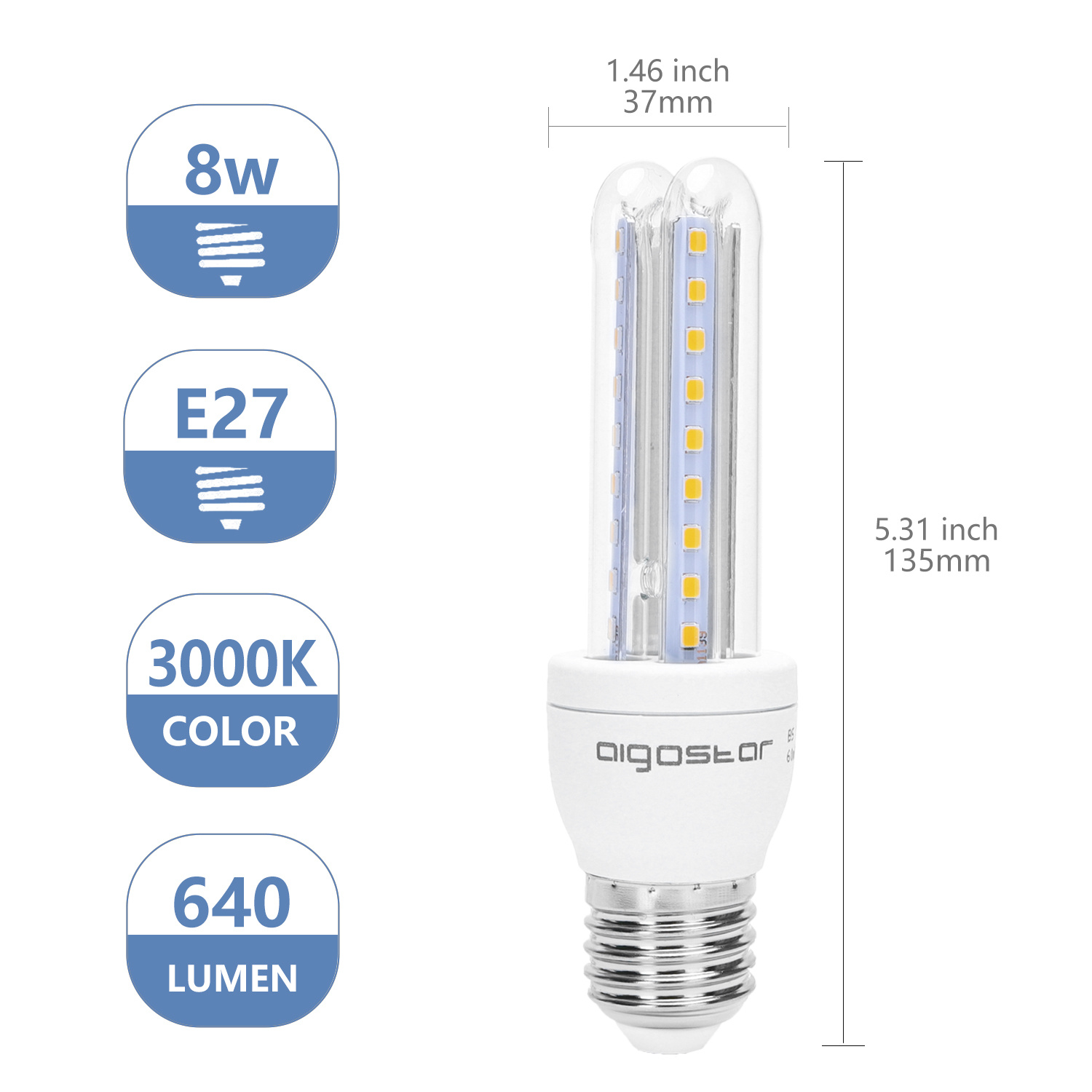 Aigostar LED B5 T3 2U E27 8W 3000K 640Lm