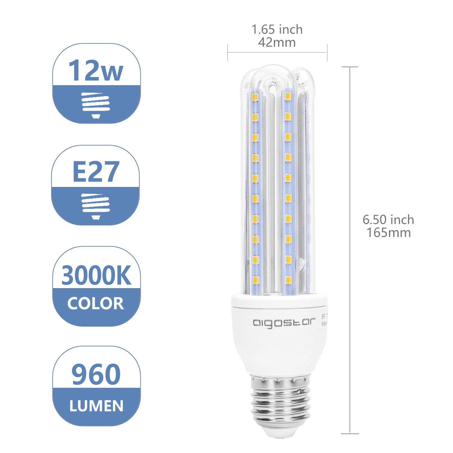 Aigostar LED B5 T3 3U E27 12W 3000K 960Lm