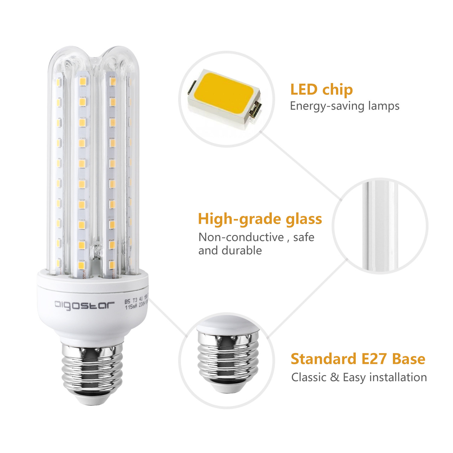 Aigostar LED B5 T3 4U E27 15W 3000K