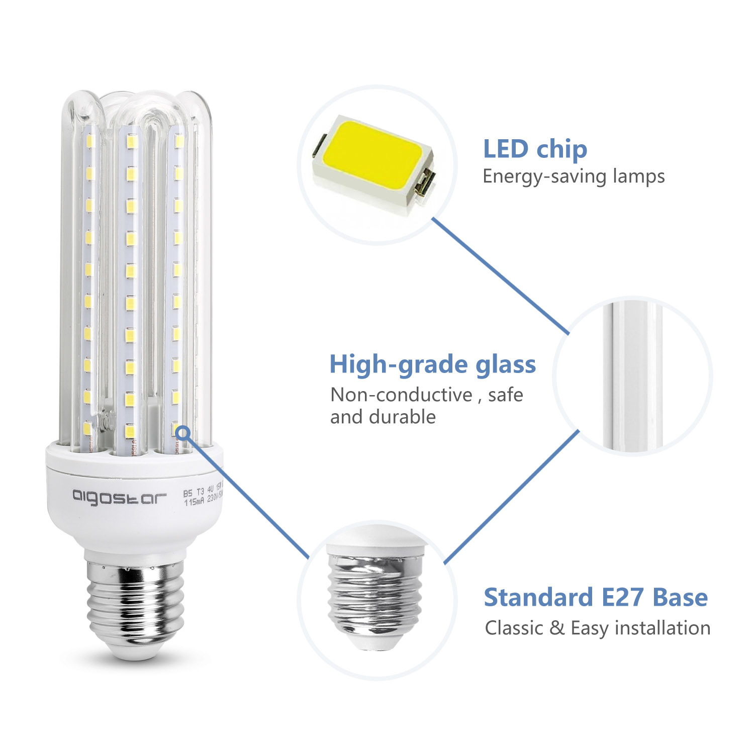 Aigostar LED B5 T3 4U E27 15W 6400K