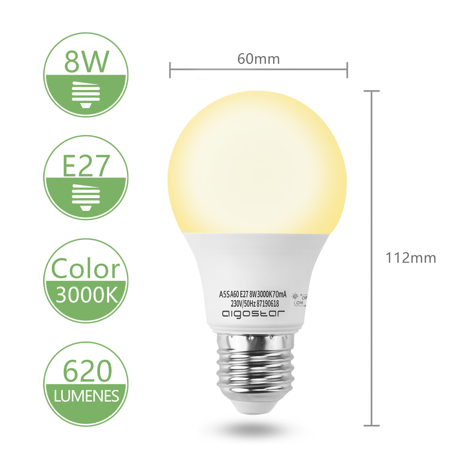 Aigostar LED A5S A60 BIG ANGLE 3000K/6500K E27 8W met dag/nacht SENSOR 620LM