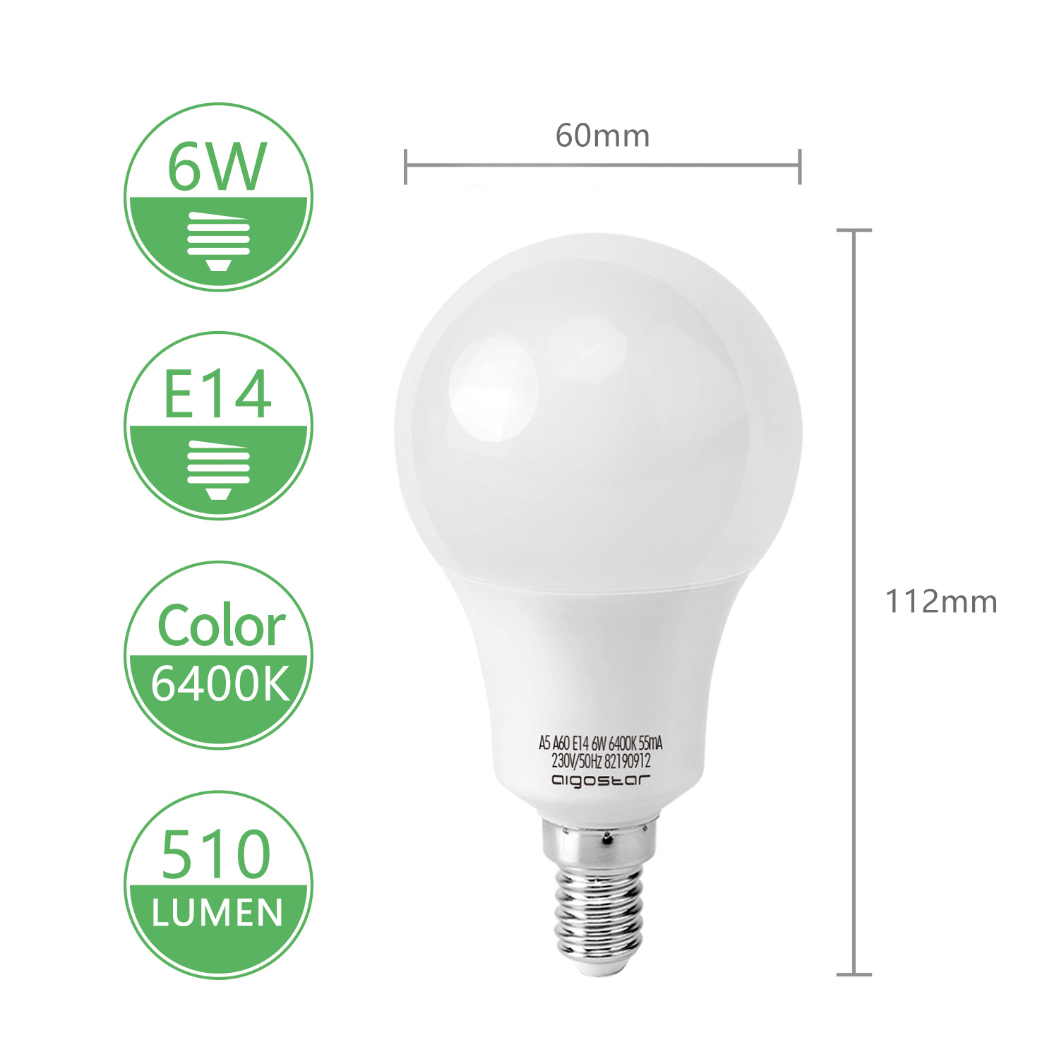 Aigostar LED A5 A55 E14 6W 6400K 480Lm