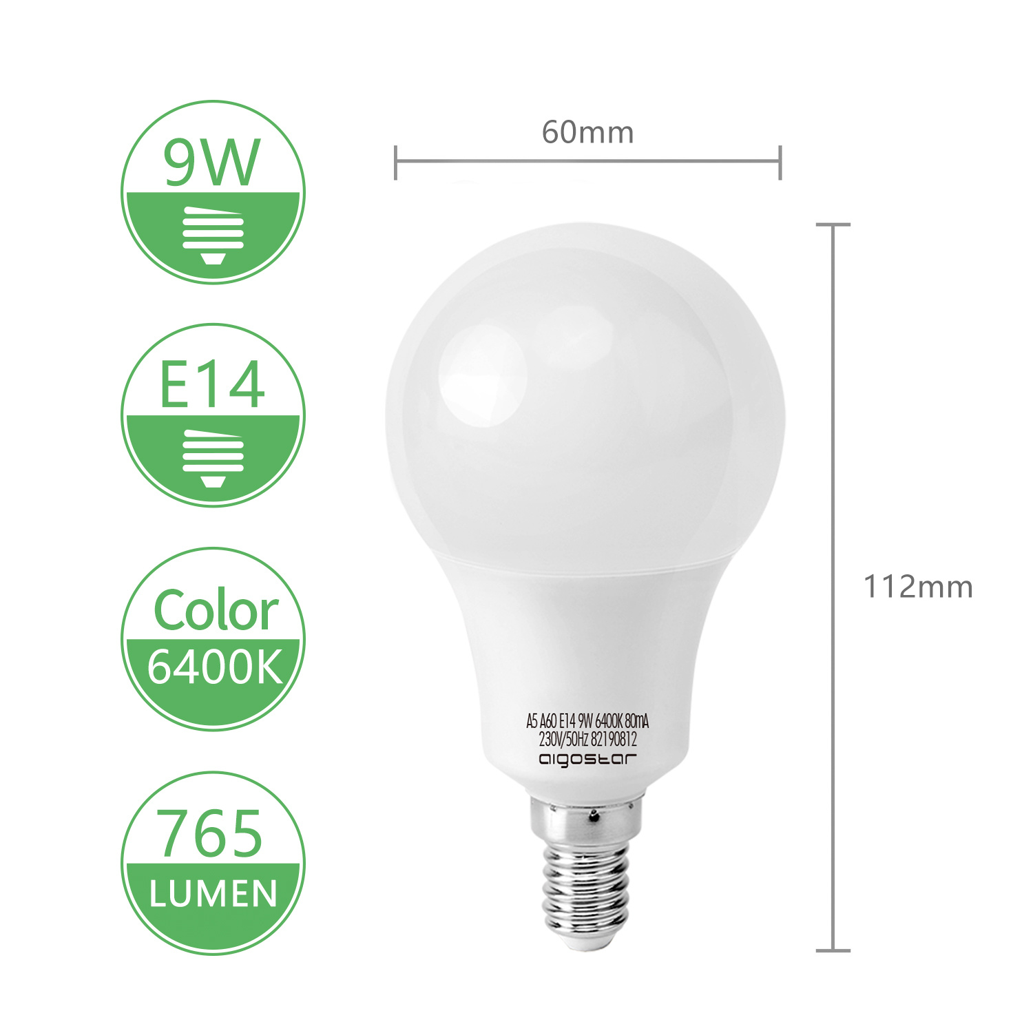 Aigostar LED A5 A55 E14 9W 6400K 720Lm