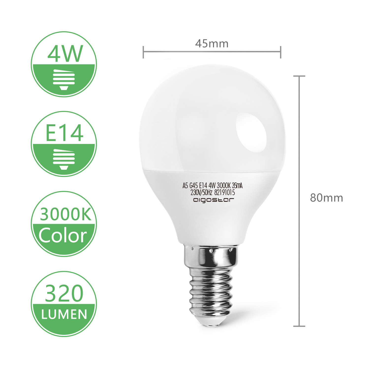 Aigostar LED A5 G45 GRAND ANGLE E14 4W 3000K 300Lm