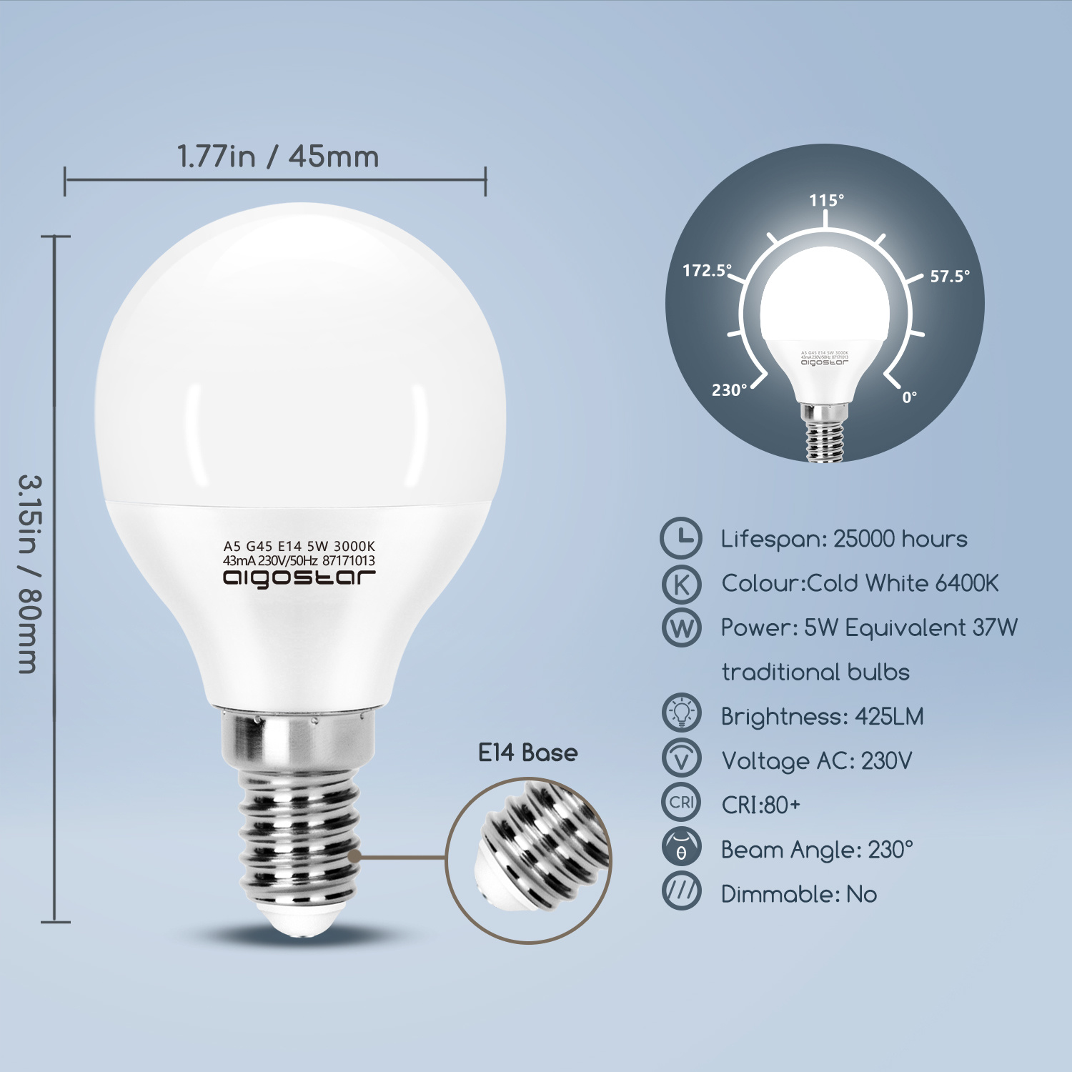 Aigostar LED A5 G45 E14 5W 6400K