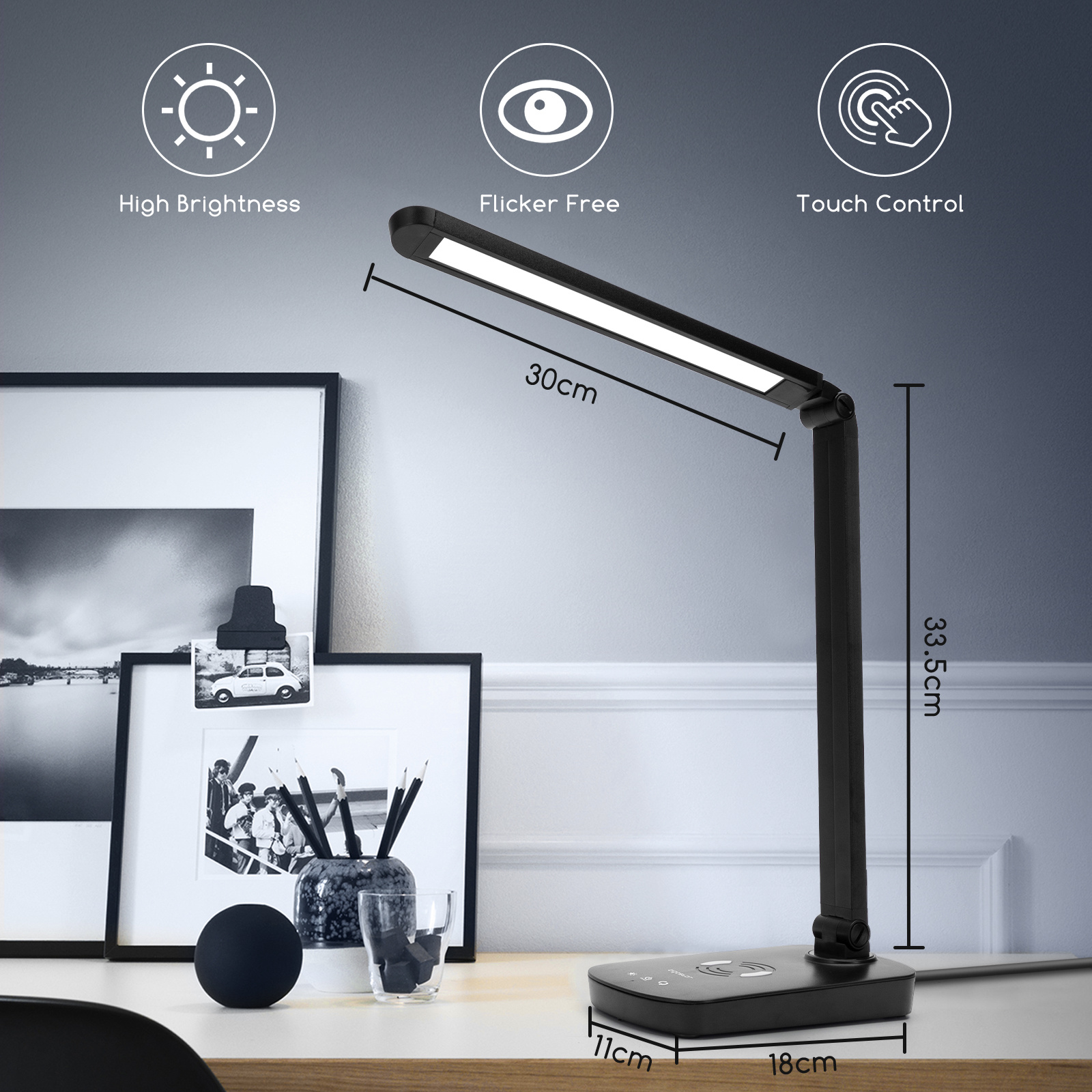 Aigostar LED Desk - TABLE LAMP BLACK 5W 6400-2700K Touch&Dimming with USB charging connection and wireless charging function for mobile phone