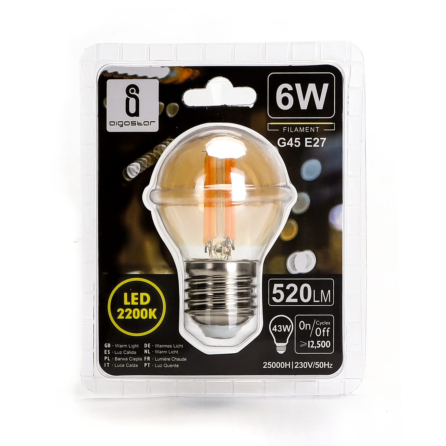 Aigostar Led Filament G45 6W E27 2200K(Yellow Light)