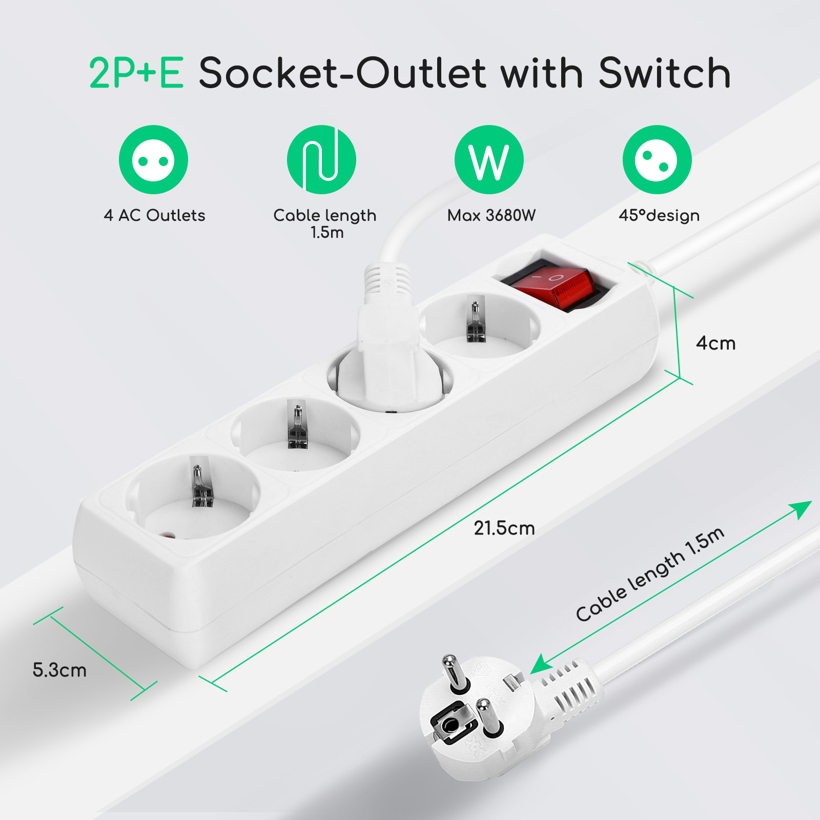 Aigostar Quadruple socket white 1,5m length