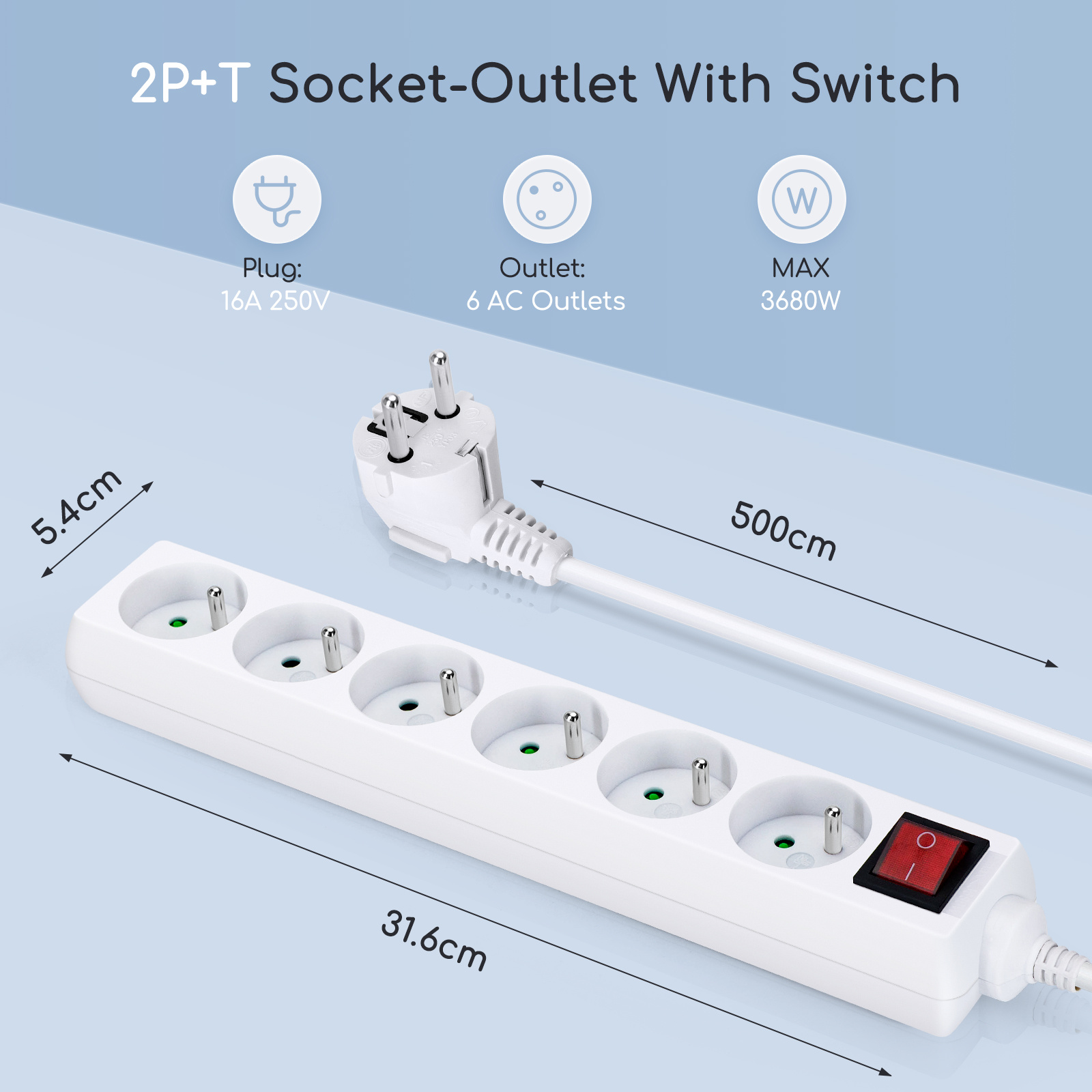 Aigostar Multiprise à six prises Blanc 3-5M