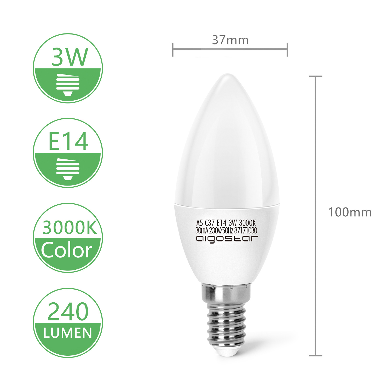 Aigostar LED A5 C35 E14 3W 3000K 225LM