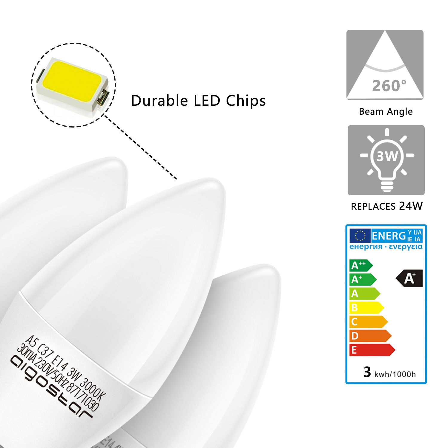 Aigostar LED A5 C35 E14 3W 3000K 225LM