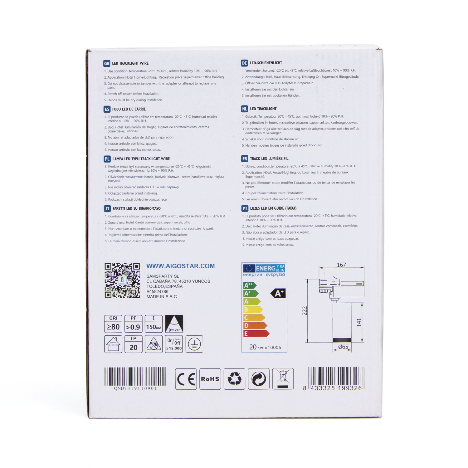 Aigostar Led four-wire light circuit 20W 4000K