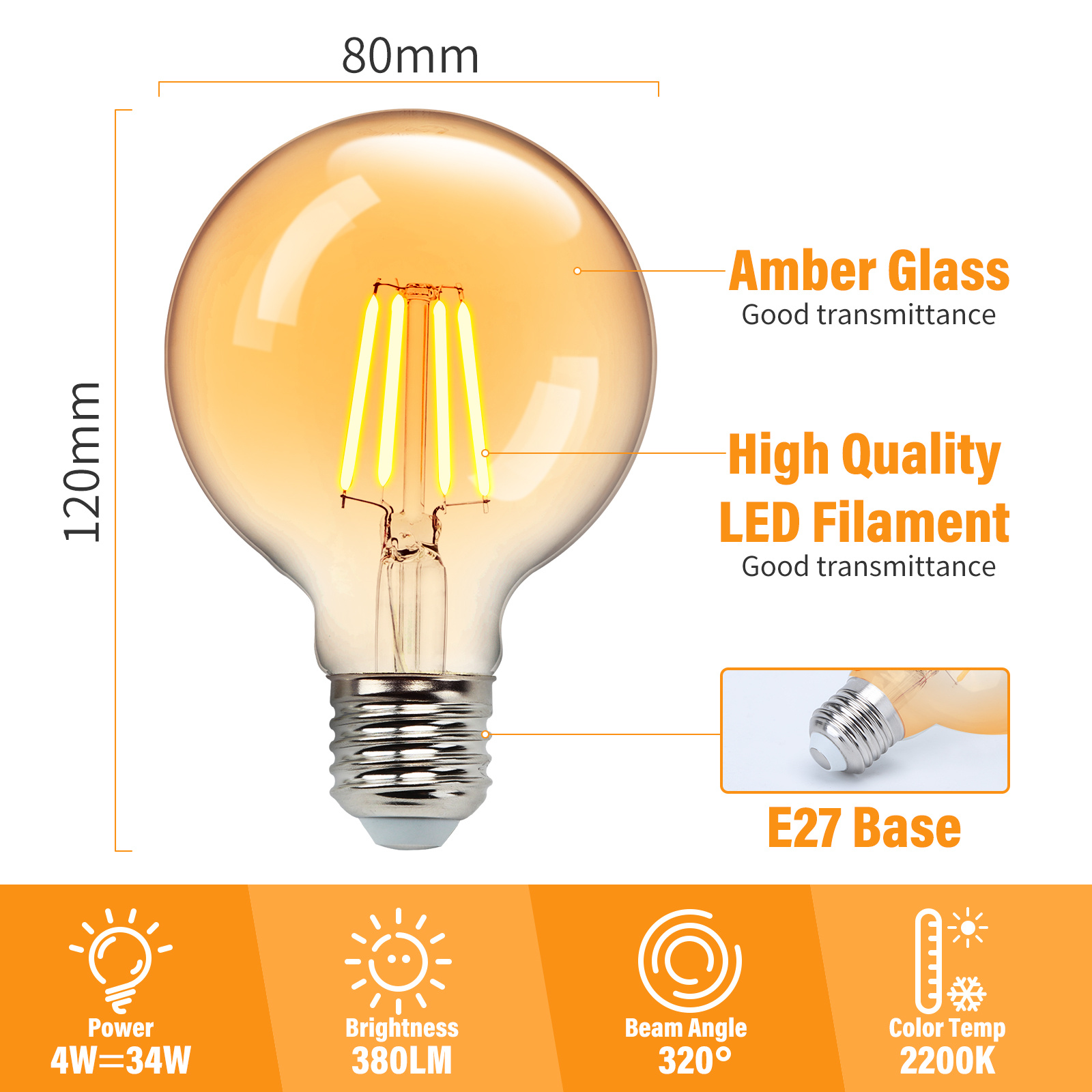 Aigostar LED Filament G80 E27 4W 2200K AMBER(Warm light) 380lm