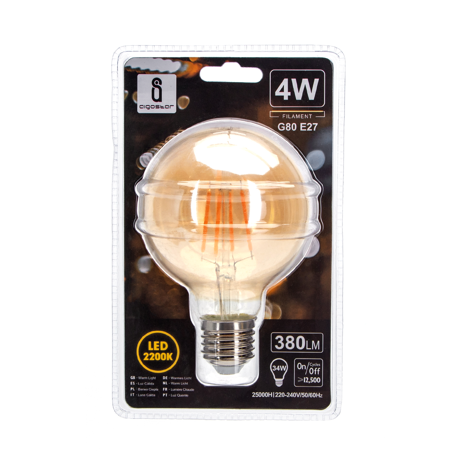 Aigostar Filament LED G80 E27 4W 2200K AMBRE(Lumière chaude) 380lm