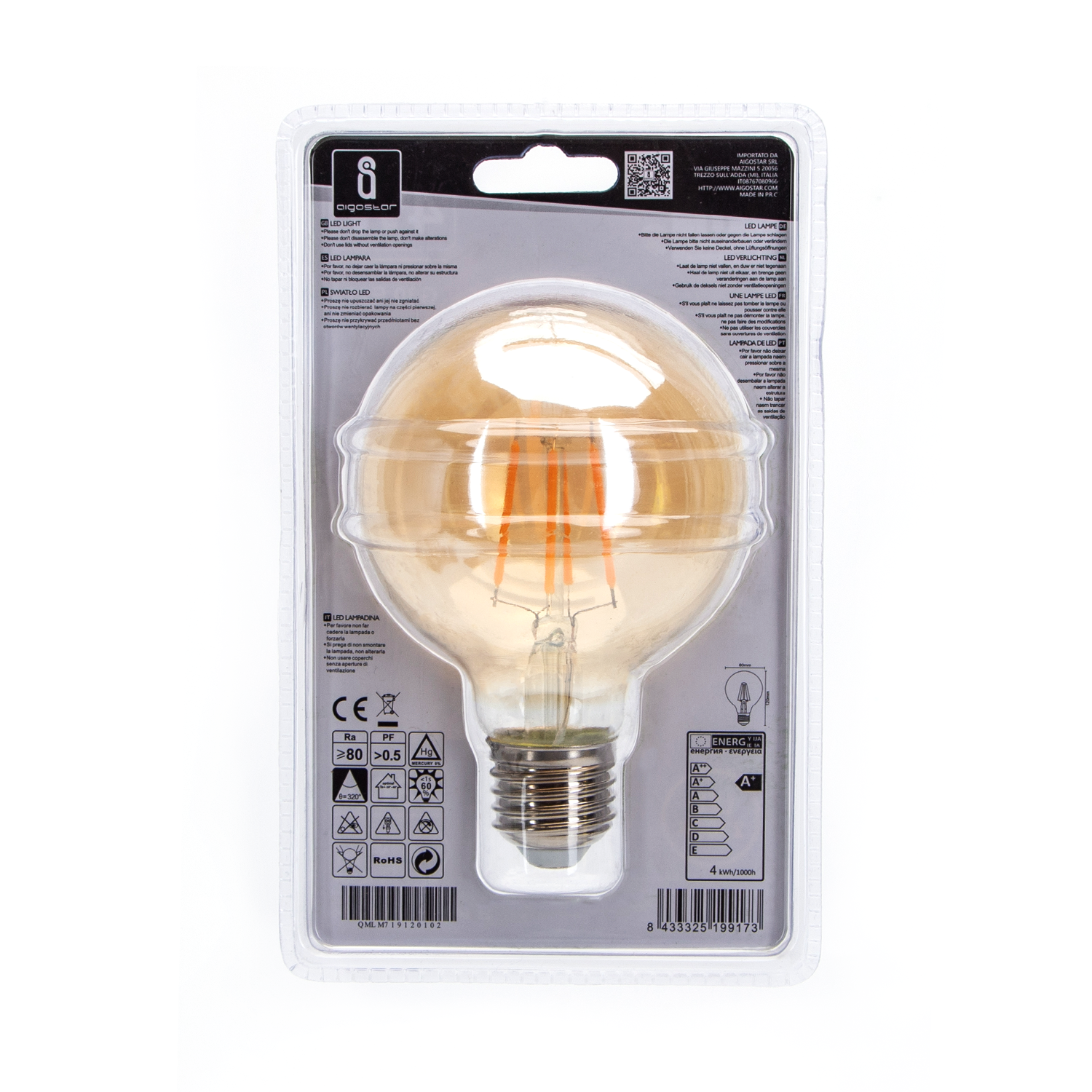 Aigostar Filament LED G80 E27 4W 2200K AMBRE(Lumière chaude) 380lm