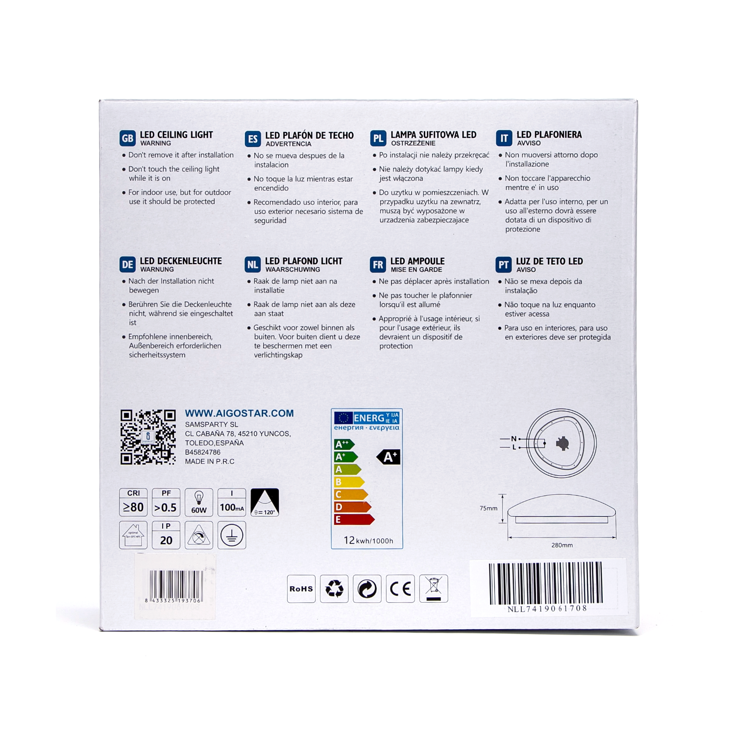 Aigostar LED MICROWAVE SENSOR PLAFONDVERLICHTING 12W 900LM 3000-4000-6500K