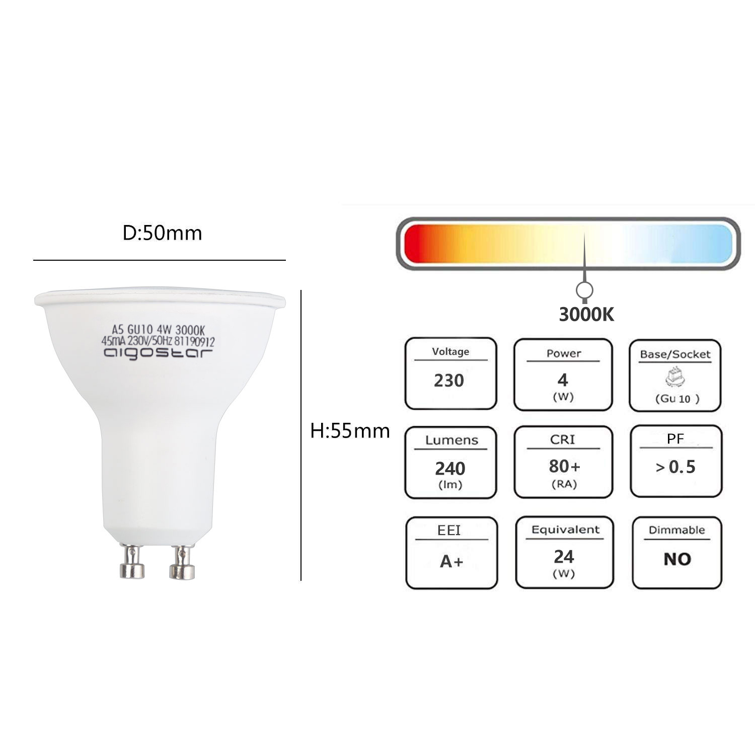 Aigostar LED A5 GU10 4W 3000K 240lm