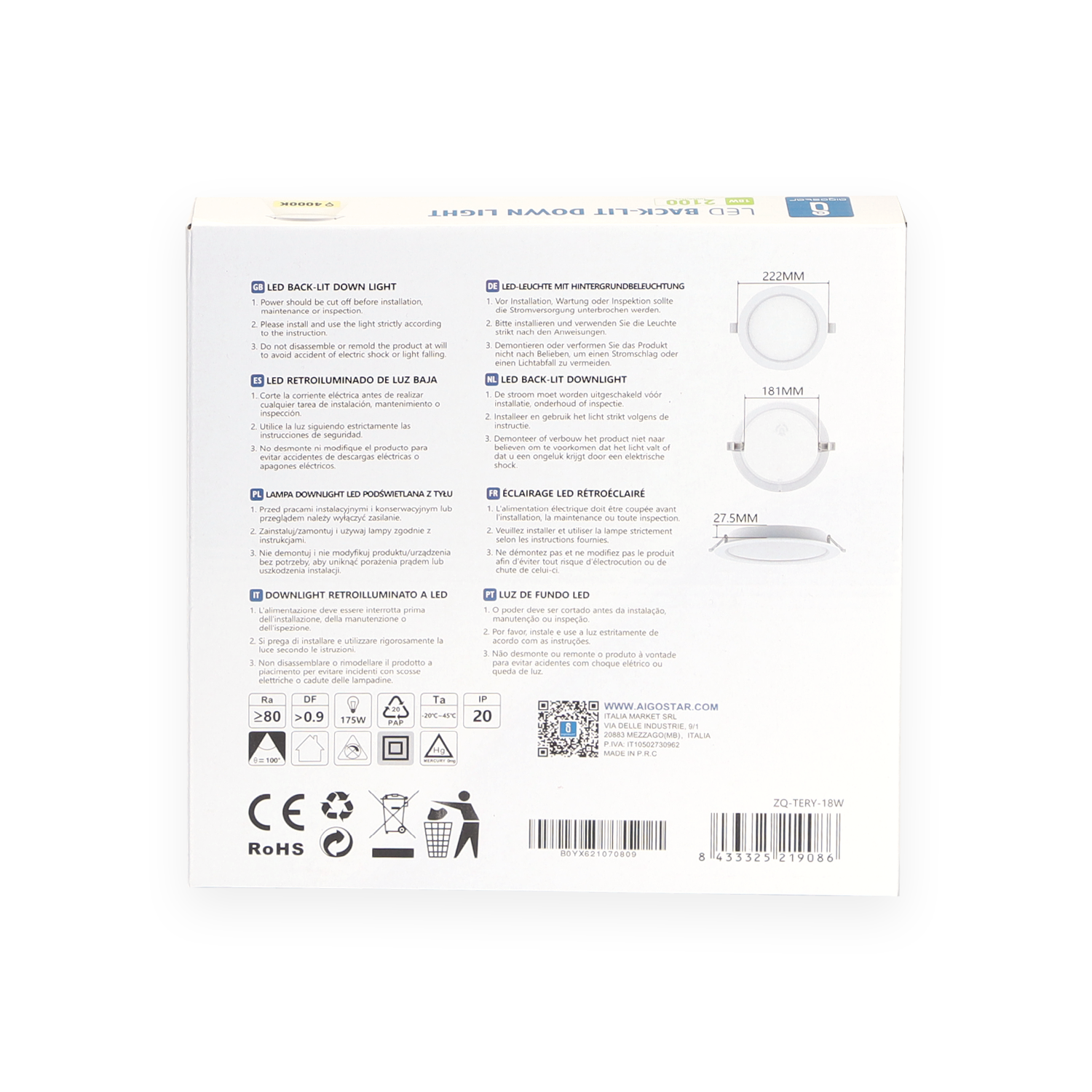 Aigostar E6 LED Recessed Downlight Round 2100lm 18W 4000K