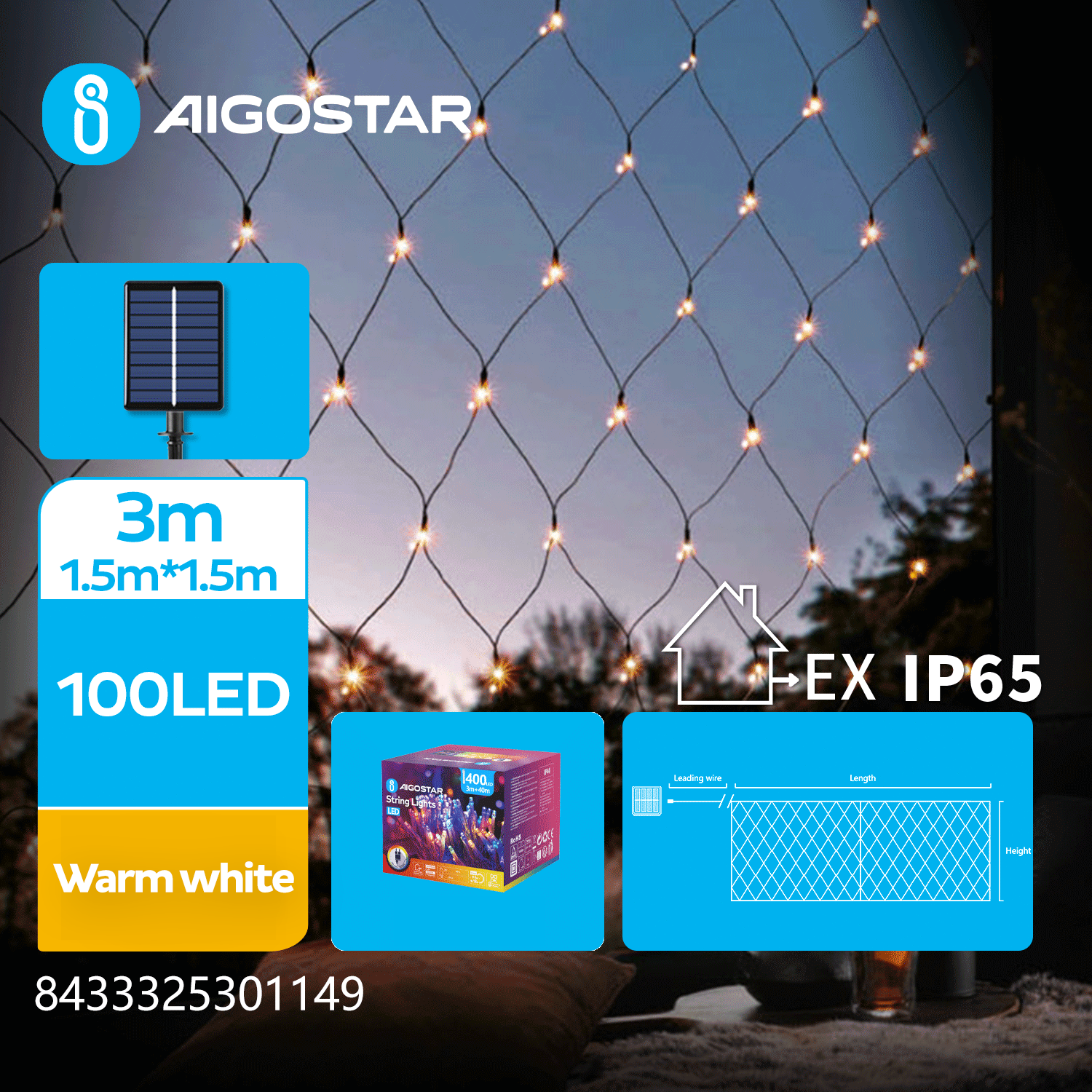 Aigostar Net van platte lichtstroken op zonne-energie, Warm wit, 1,5m*1,5m=3m