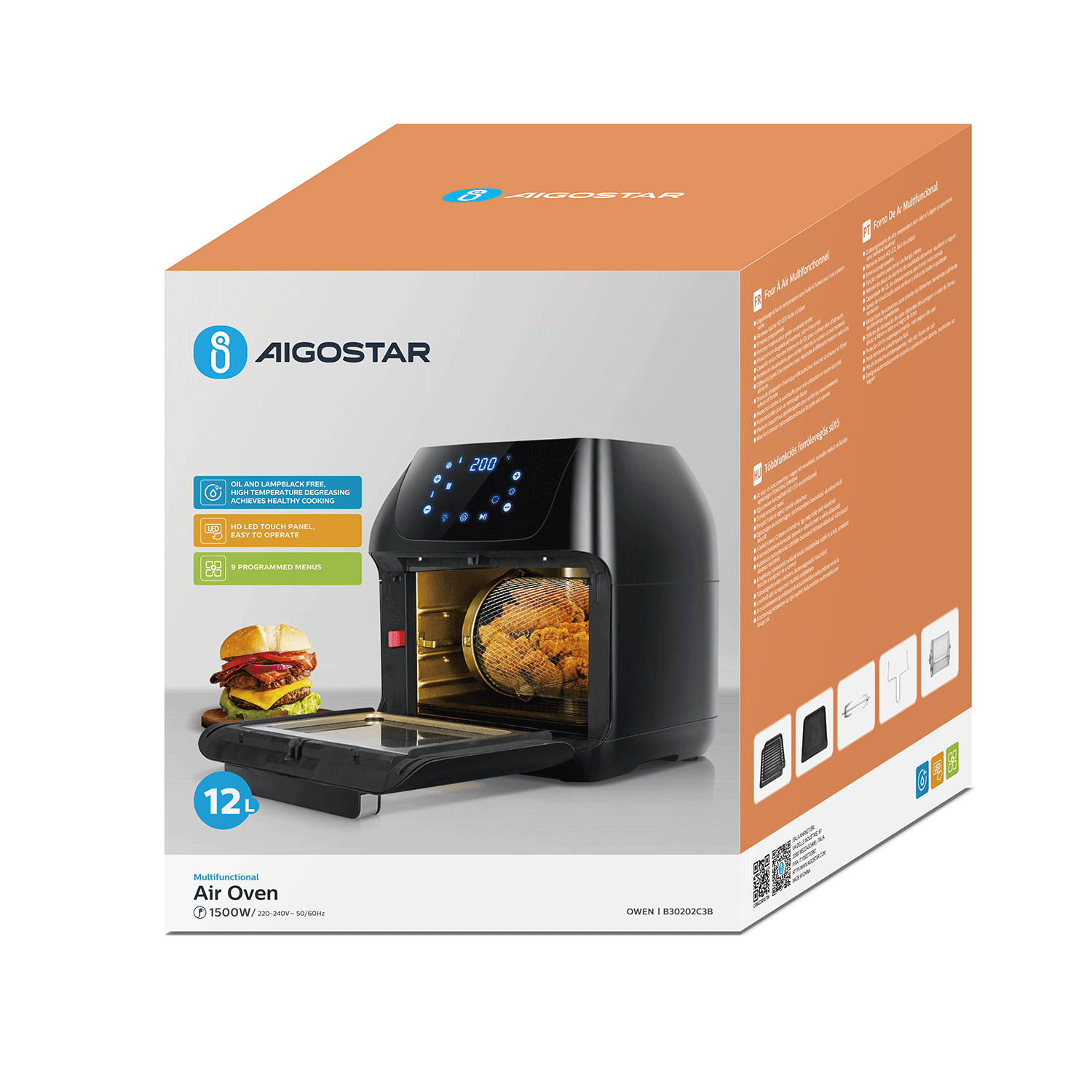 Aigostar   Airfryer Four friteuse à air chaud multifonctionnel avec 9 programmes de cuisson 12L