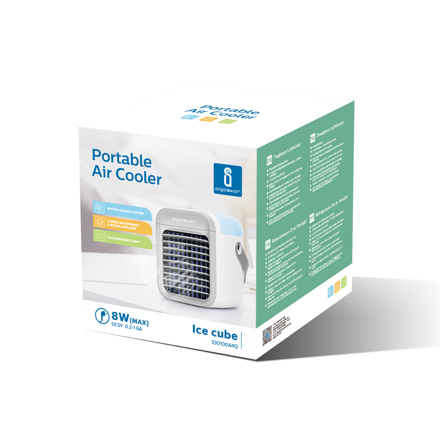 Aigostar Refroidisseur d'air portable blanc 7 pouces 9 pales 3 vitesses, 2000 mAh