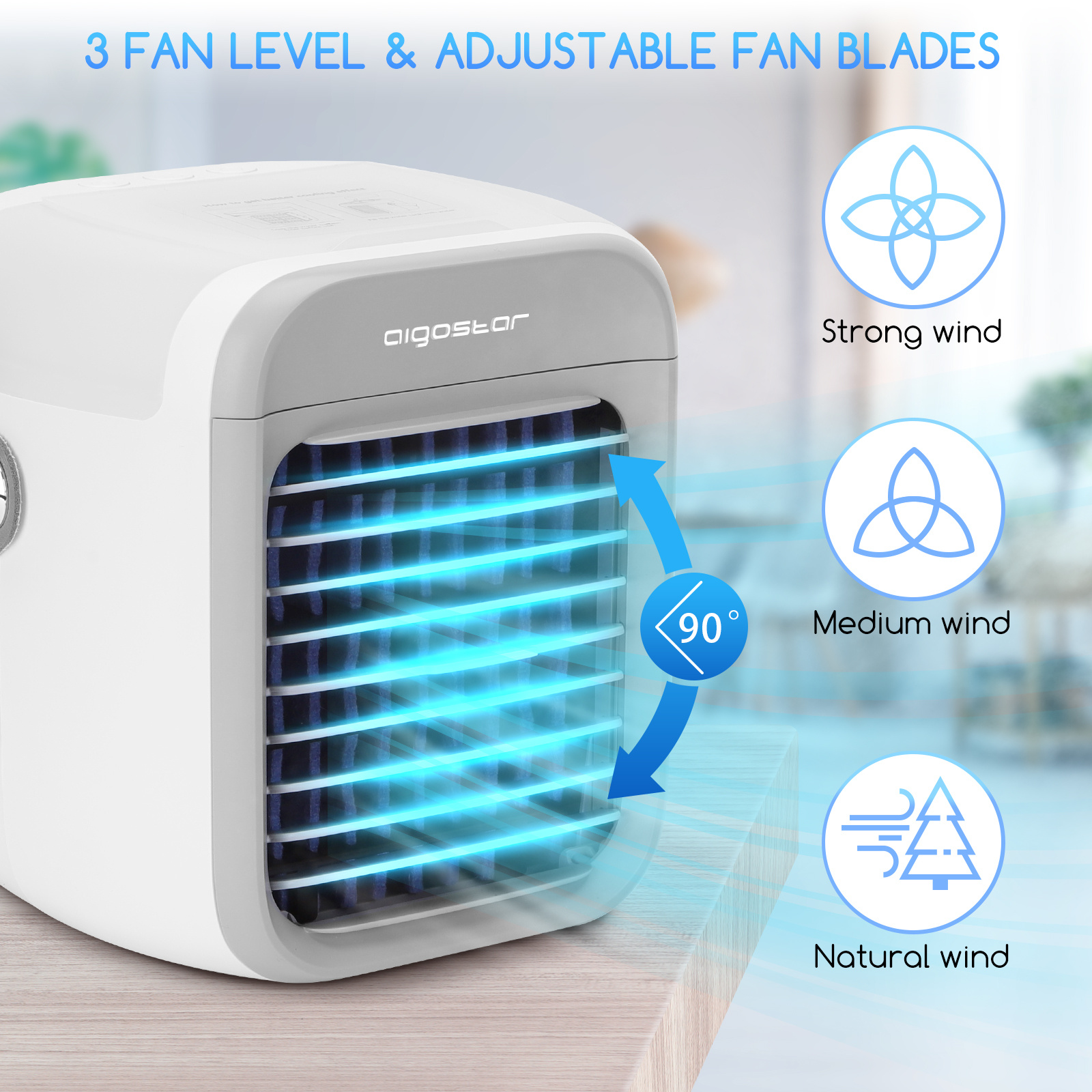 Aigostar Refroidisseur d'air portable blanc 7 pouces 9 pales 3 vitesses, 2000 mAh