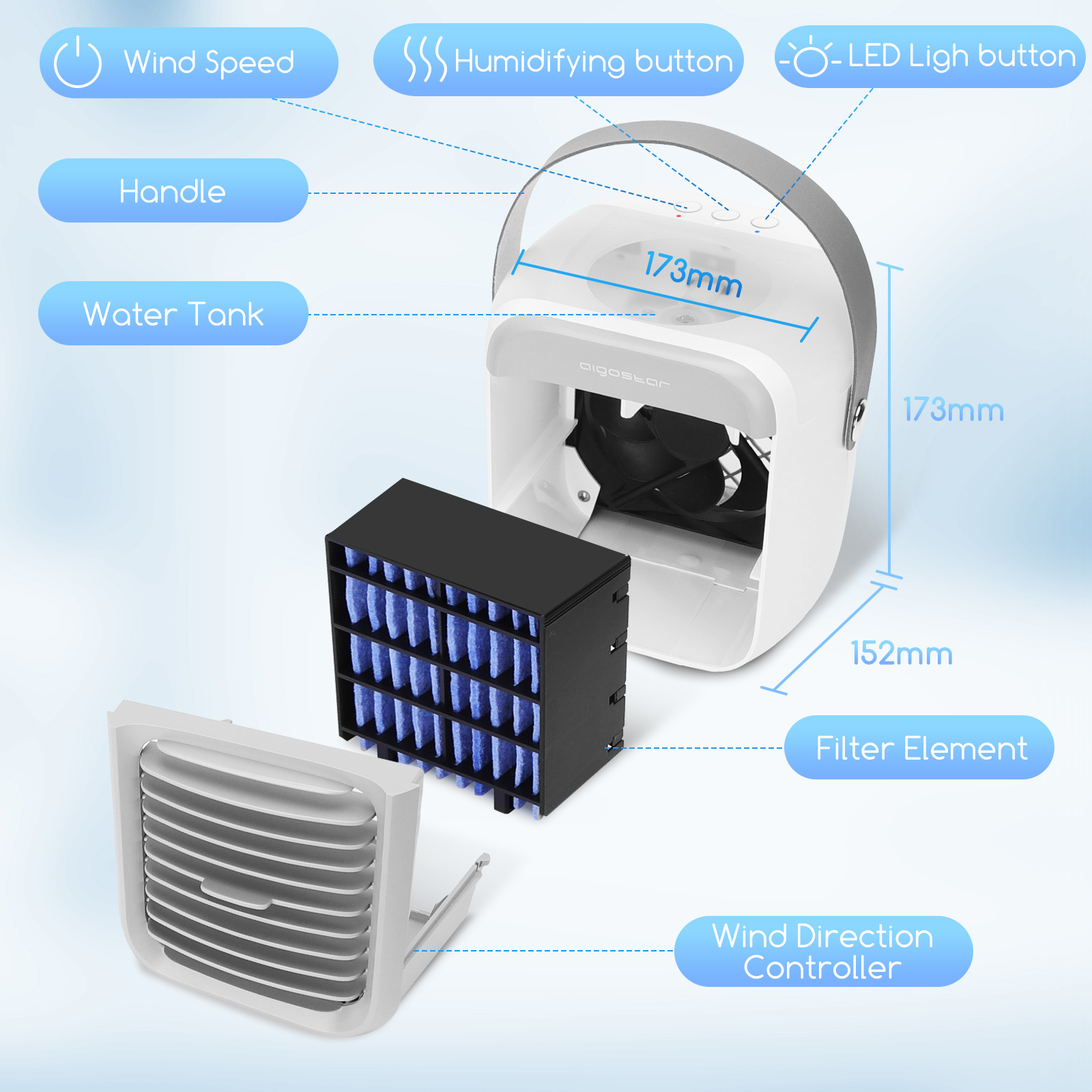 Aigostar Portable air cooler white 7 inch 9 blades 3 speeds, 2000 mAh