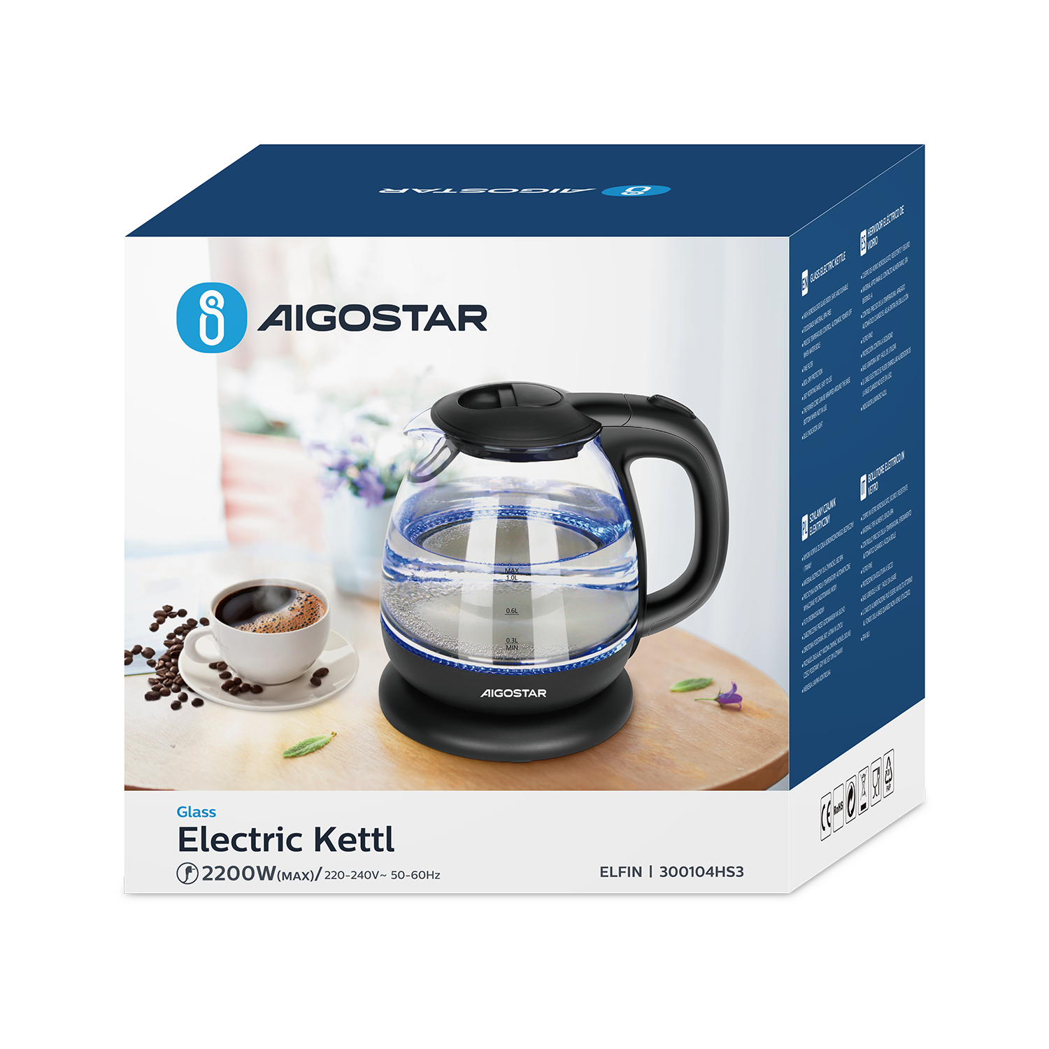 Aigostar  Mini Glass Kettle 2200W 1L