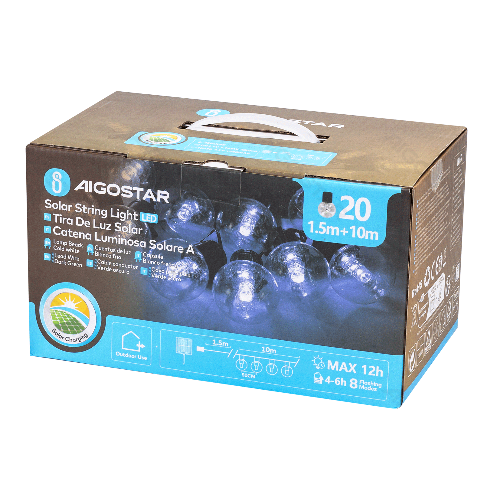 Aigostar 10 meter Lichtstrook met ronde G50-kokerlampen op zonne-energie(6500K)