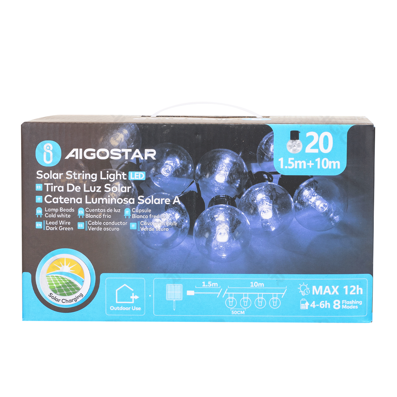 Aigostar 10 meter Lichtstrook met ronde G50-kokerlampen op zonne-energie(6500K)