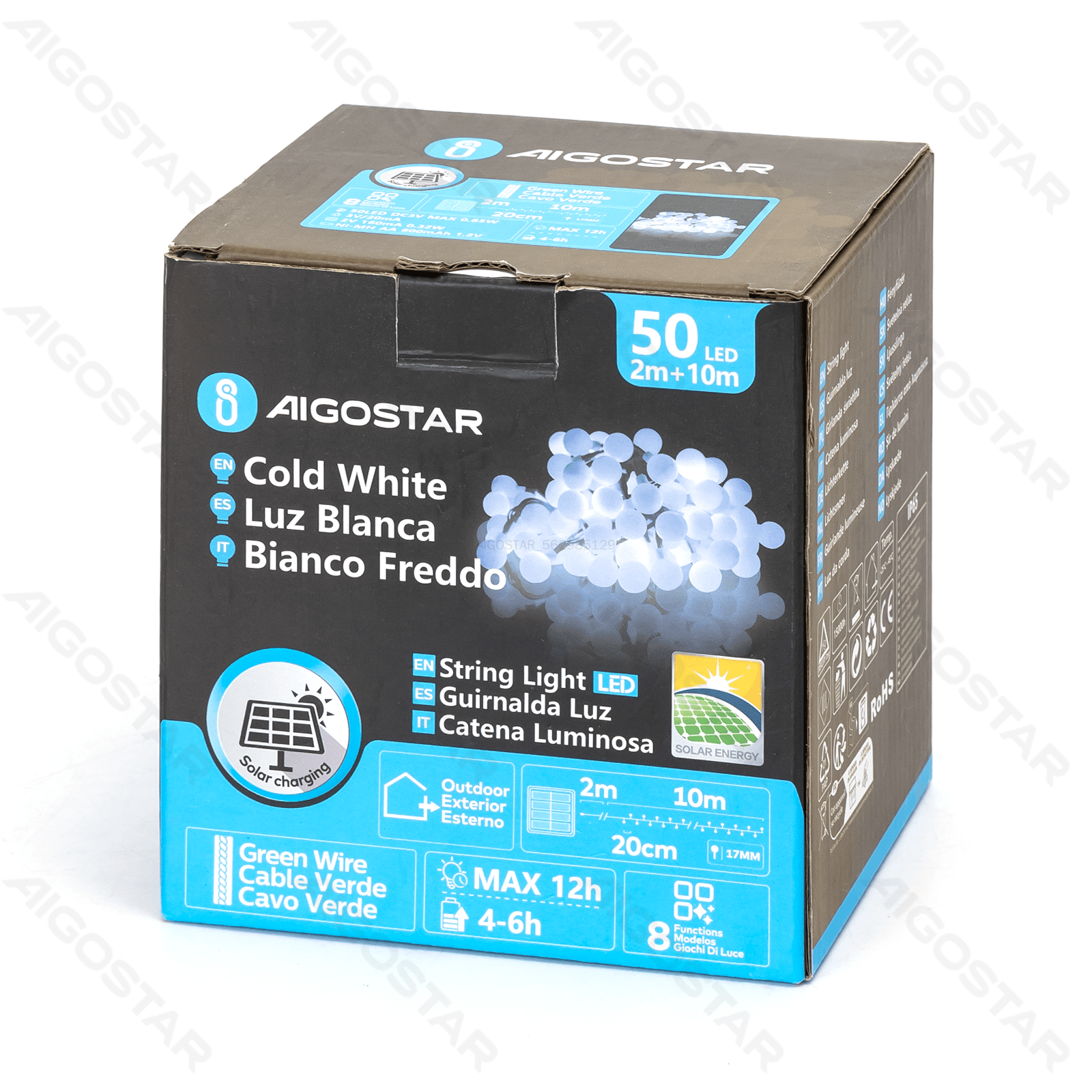 Aigostar Bande lumineuse à énergie solaire. Lumière du jour (longueur de câble de 2 m + fil de 10 m)