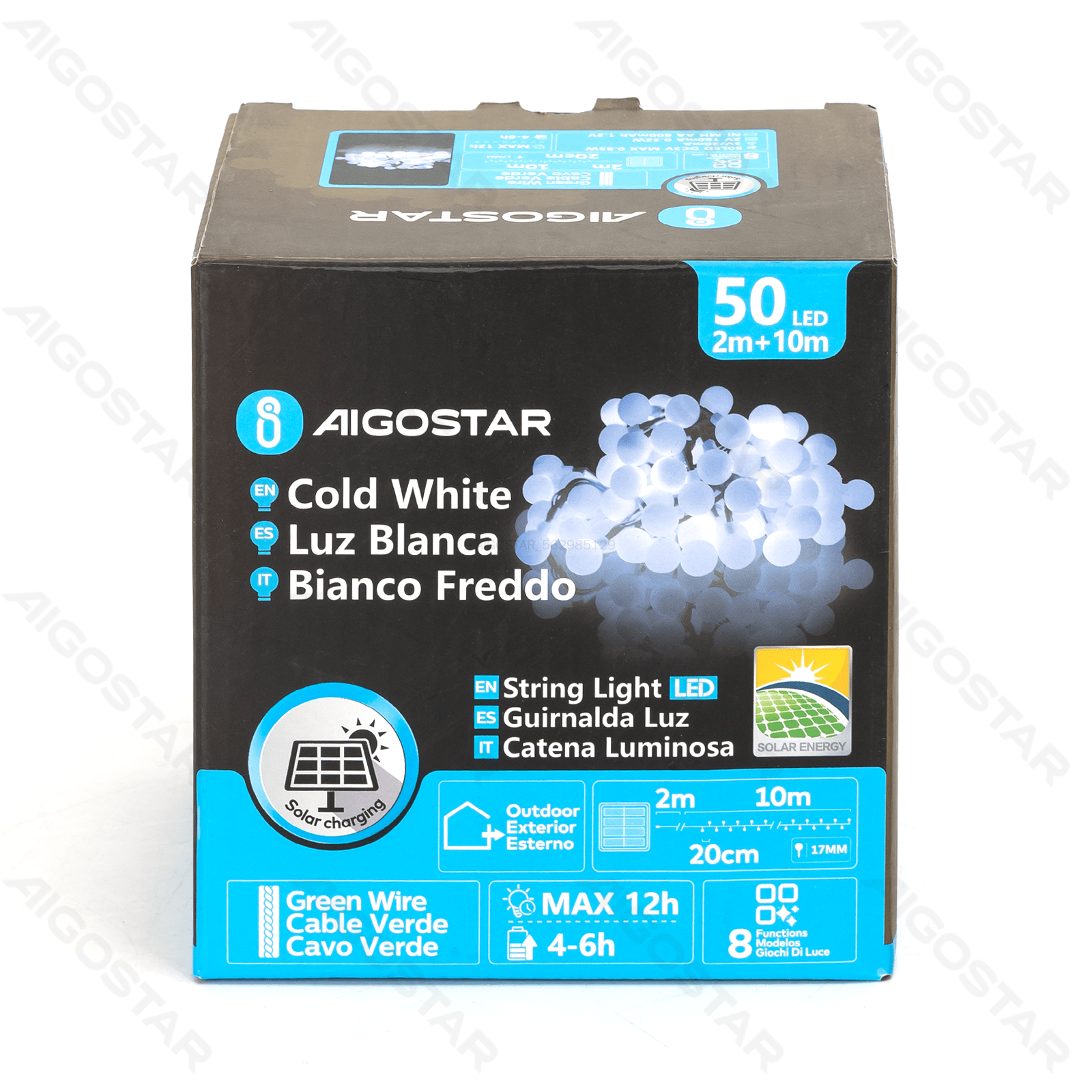 Aigostar Bande lumineuse à énergie solaire. Lumière du jour (longueur de câble de 2 m + fil de 10 m)