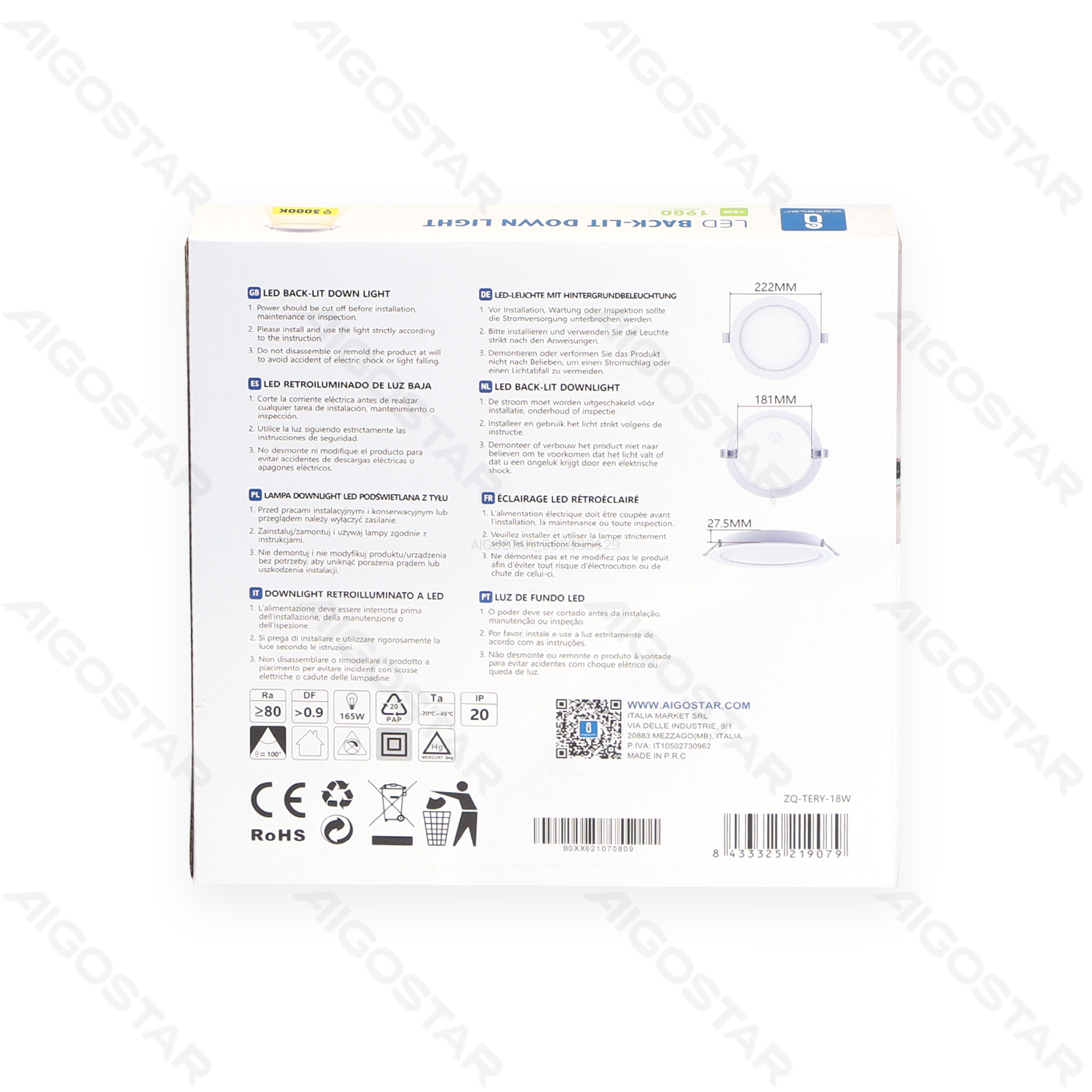 Aigostar  E6 LED Inbouw Downlight Rond 18W  1980lm 3000K