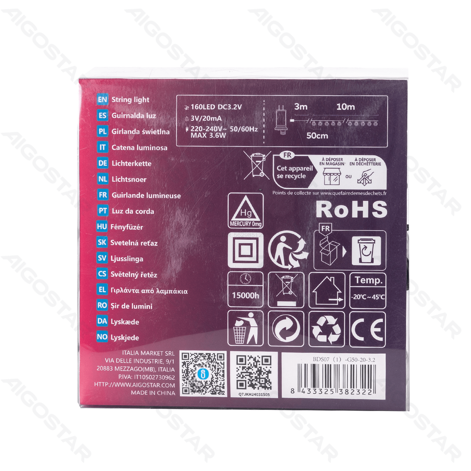 Aigostar Lichtstrook met koperdraad 10m  G50 IP44 6500K