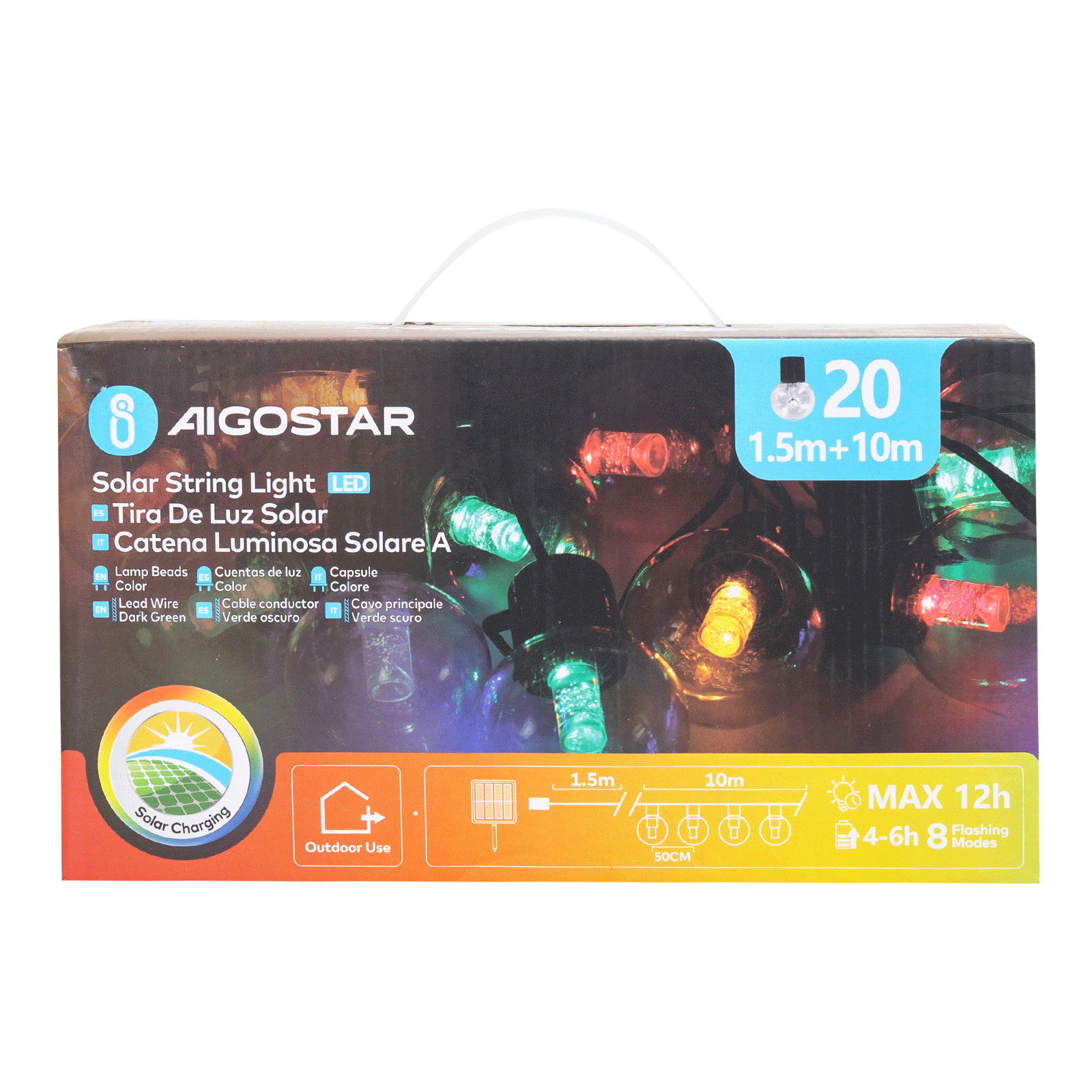 Aigostar Bande lumineuse avec lampes à tube rond G50 (20 pièces) à énergie solaire, RGBY 10m énergie, RGBY, 10m