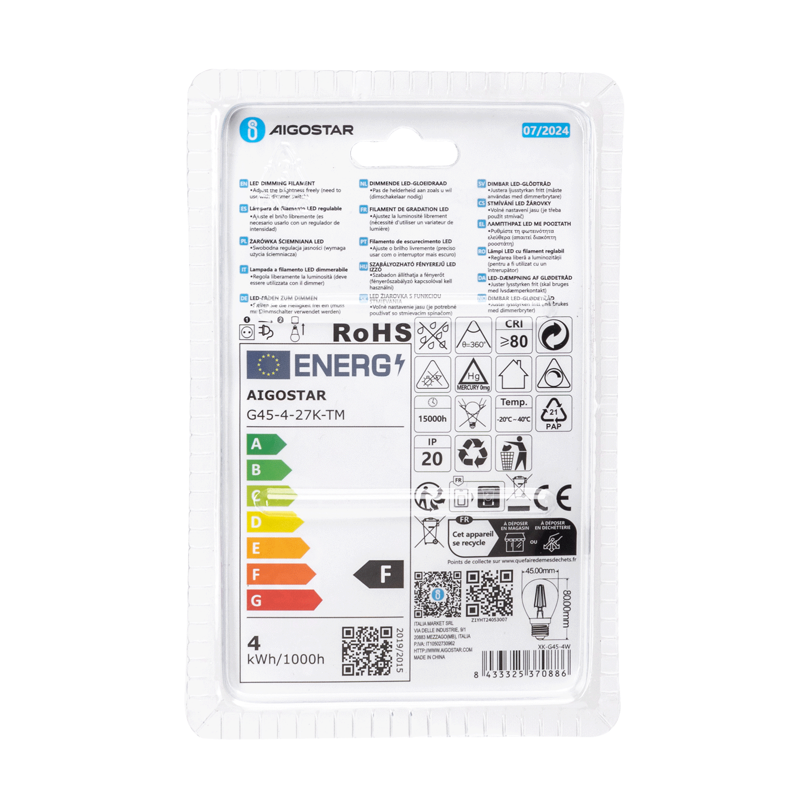 Aigostar Ampoule LED à filament variable G45 E27 4W 2700K 400LM