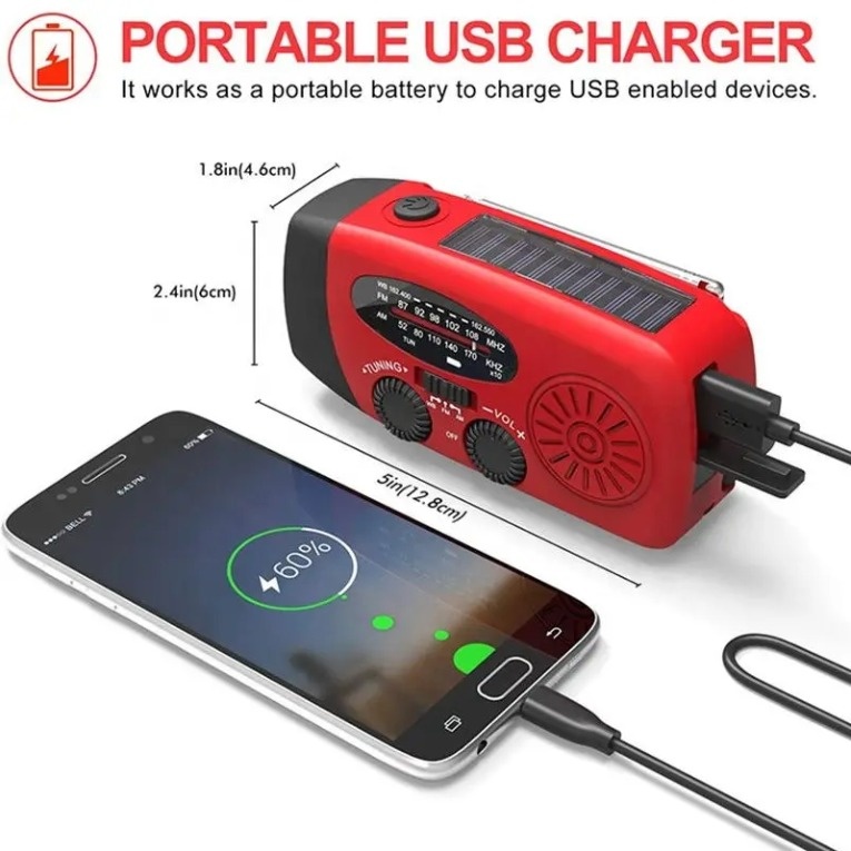 Emergency radio with built-in rechargeable battery can be charged in 3 different ways: with solar energy, with a hand lever or via USB