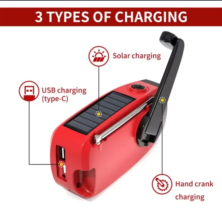 Emergency radio with built-in rechargeable battery can be charged in 3 different ways: with solar energy, with a hand lever or via USB