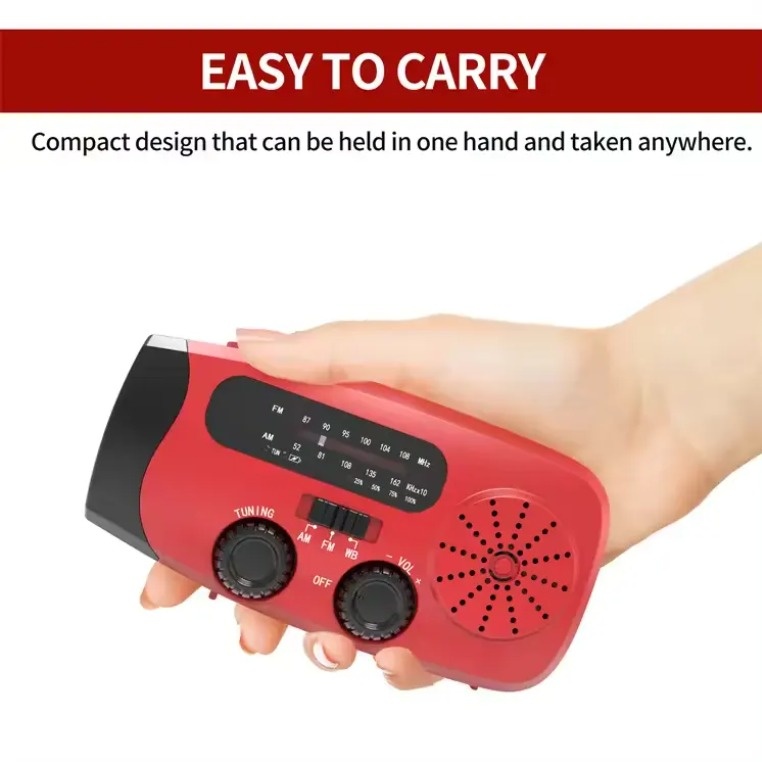 Emergency radio with built-in rechargeable battery can be charged in 3 different ways: with solar energy, with a hand lever or via USB