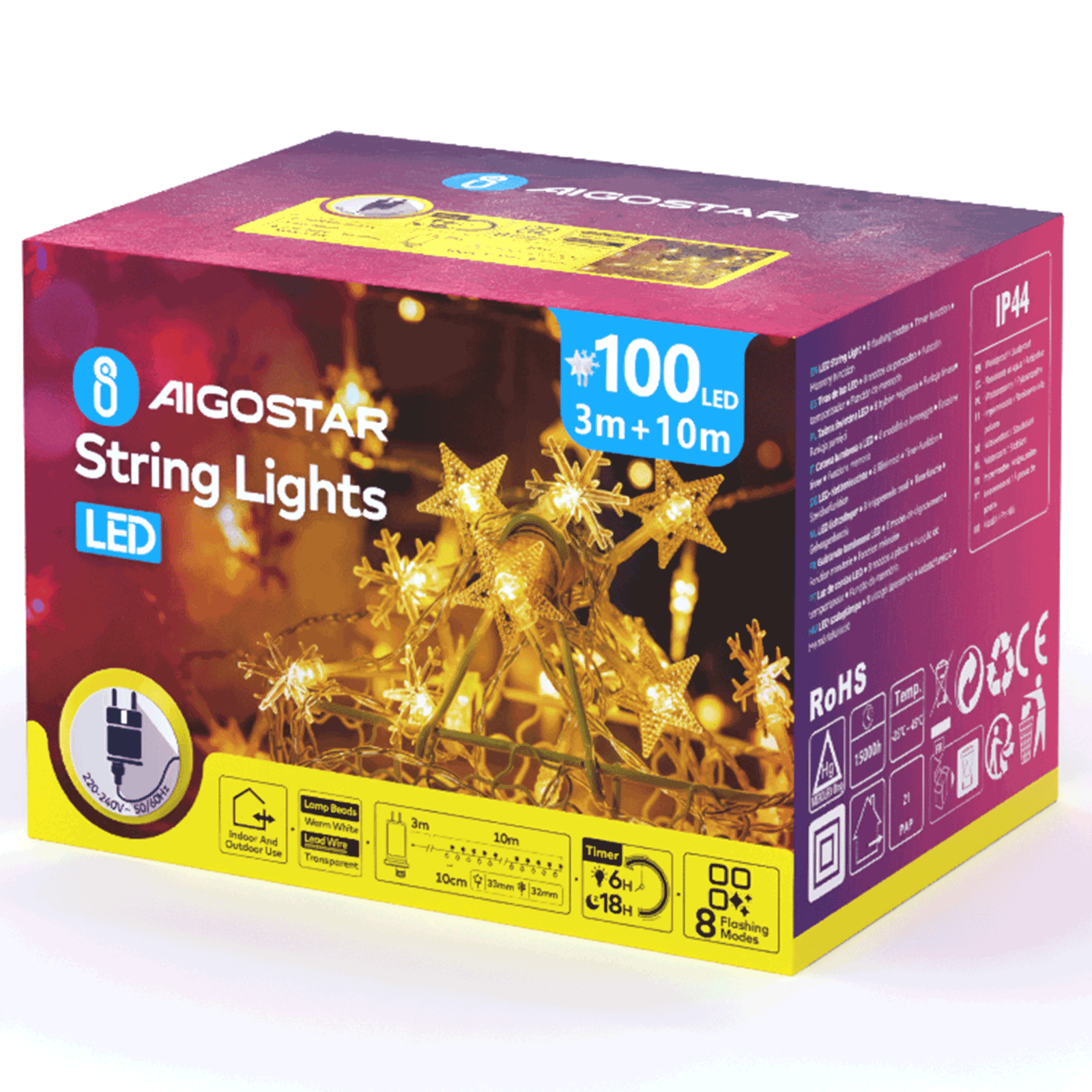 Aigostar Bandes lumineuses plates en forme de flocon de neige, 3 000 K, 10 m, LED (100), IP44, pour intérieur et extérieur